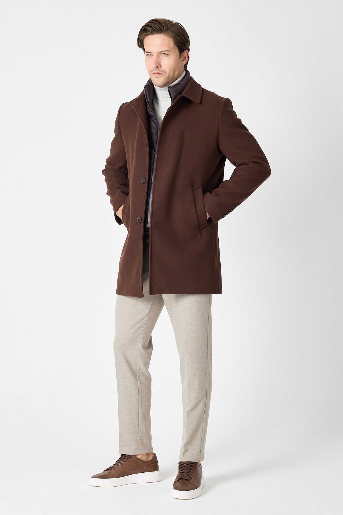 Brown Wool Blend 2 in1 Overcoat With Removable Quilted Zip Bib