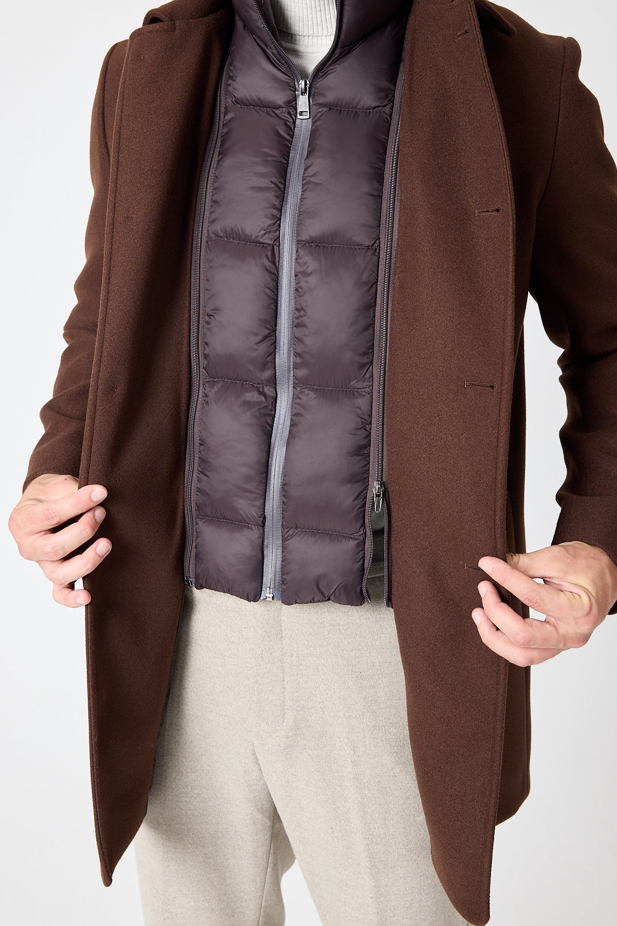 Brown Wool Blend 2 in1 Overcoat With Removable Quilted Zip Bib