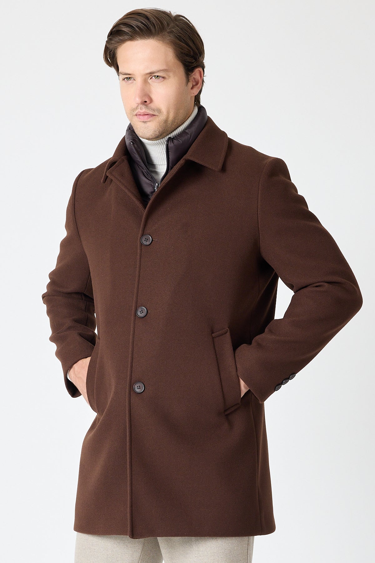 Brown Wool Blend 2 in1 Overcoat With Removable Quilted Zip Bib