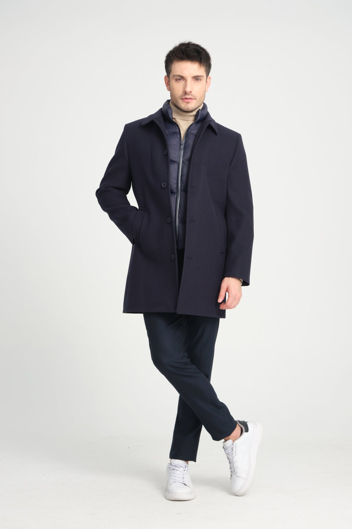Navy Wool Blend 2 in1 Overcoat With Removable Quilted Zip Bib