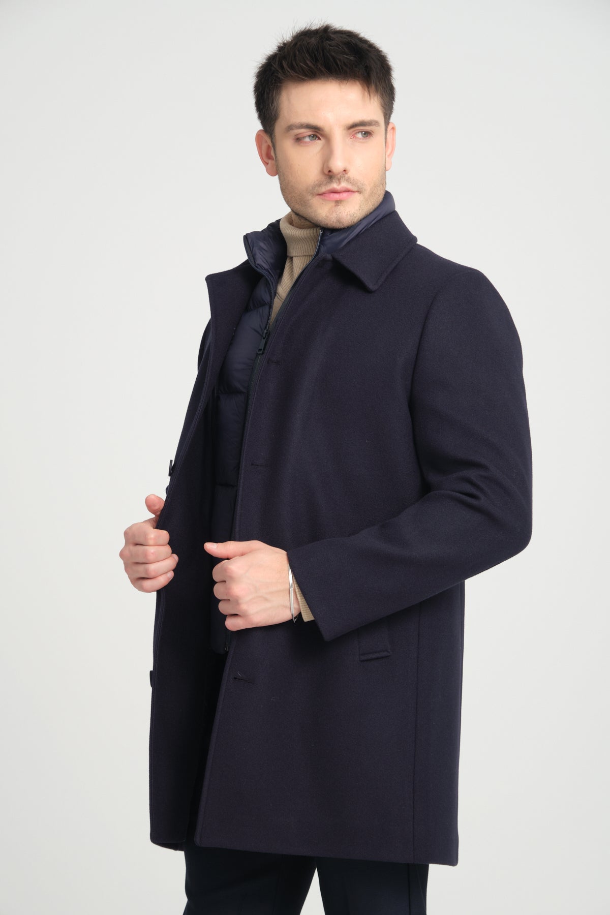 Navy Wool Blend 2 in1 Overcoat With Removable Quilted Zip Bib