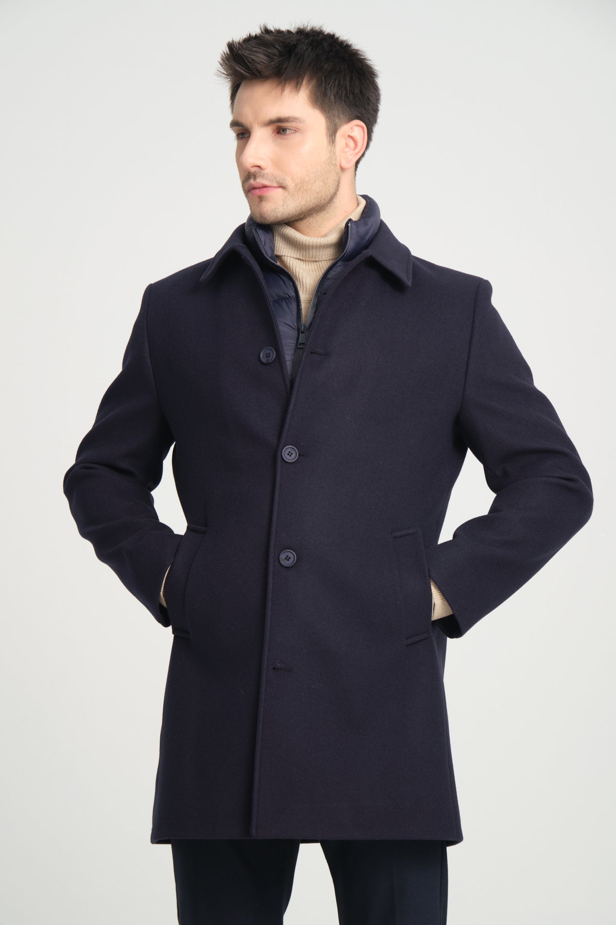 Navy Wool Blend 2 in1 Overcoat With Removable Quilted Zip Bib