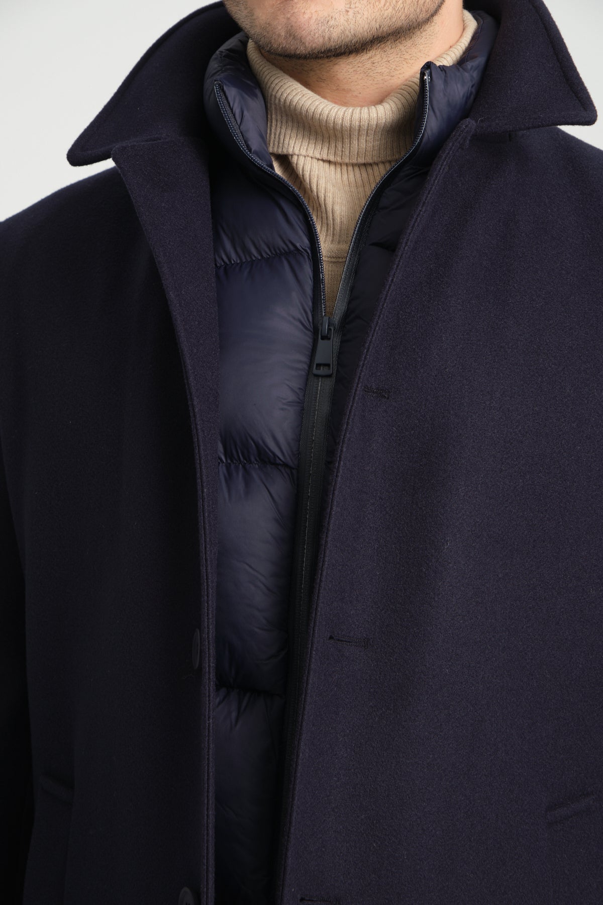 Navy Wool Blend 2 in1 Overcoat With Removable Quilted Zip Bib