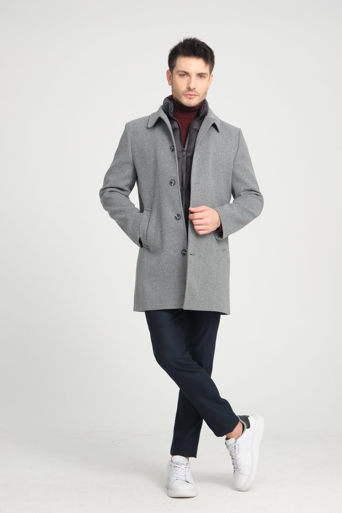 Grey Wool Blend 2 in1 Overcoat With Removable Quilted Zip Bib
