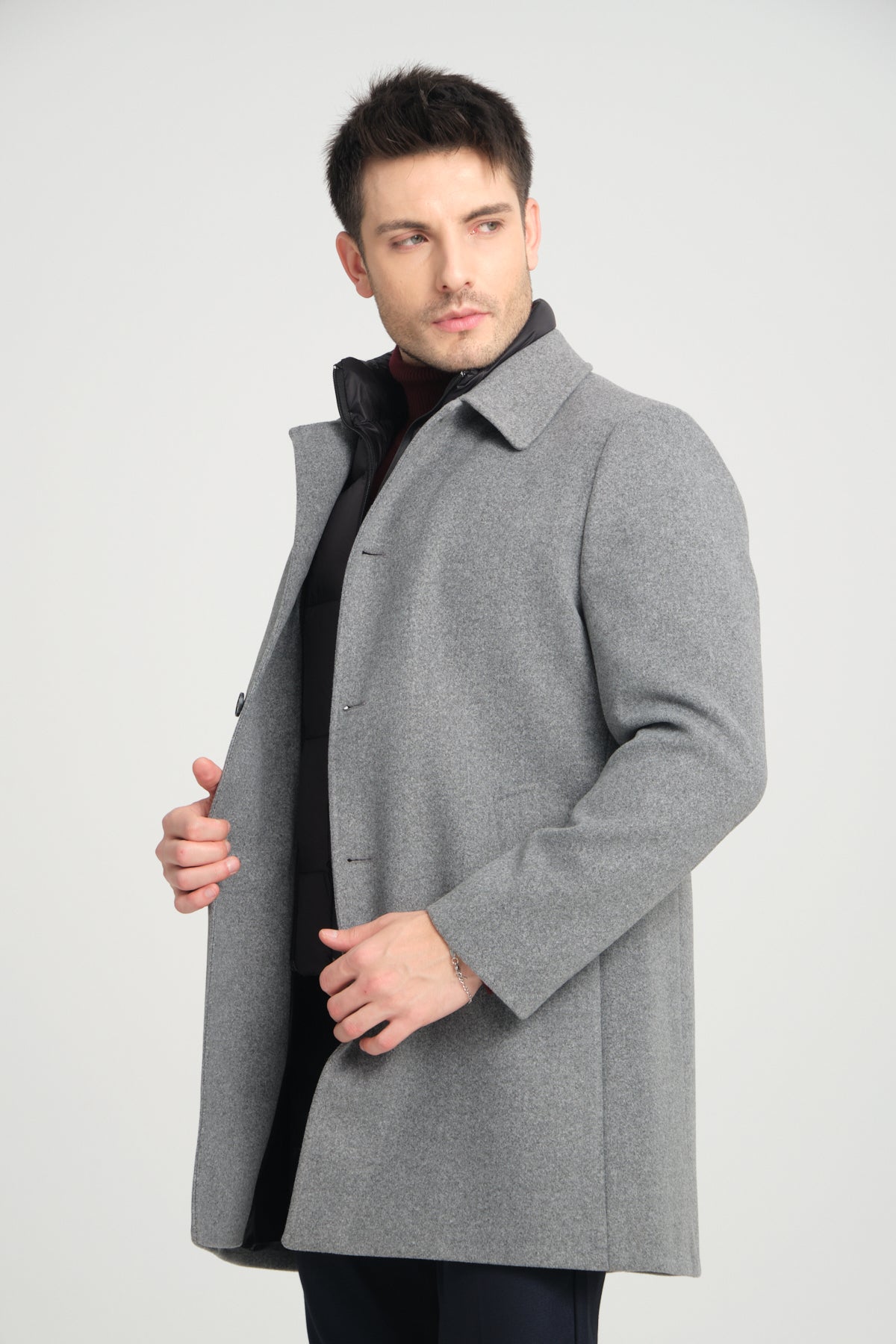 Grey Wool Blend 2 in1 Overcoat With Removable Quilted Zip Bib