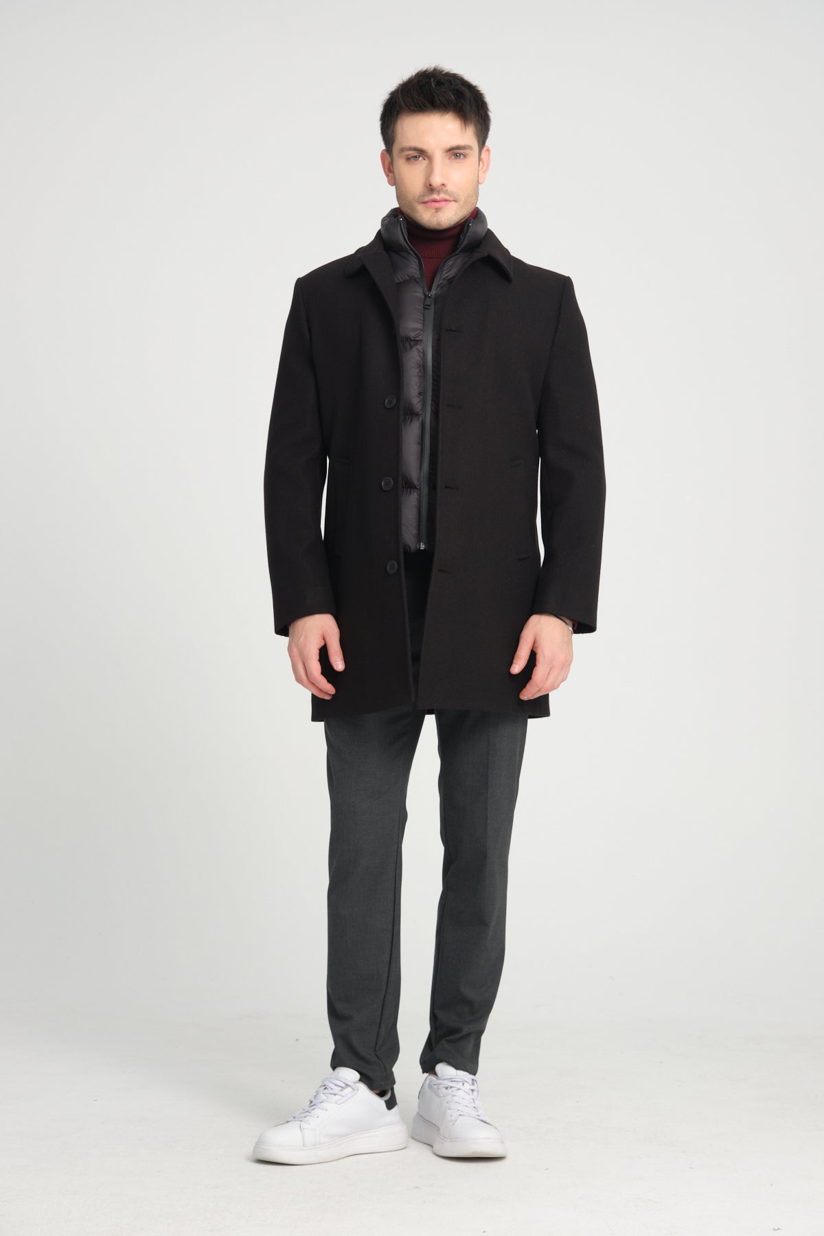 Black Wool Blend 2 in1 Overcoat With Removable Quilted Zip Bib