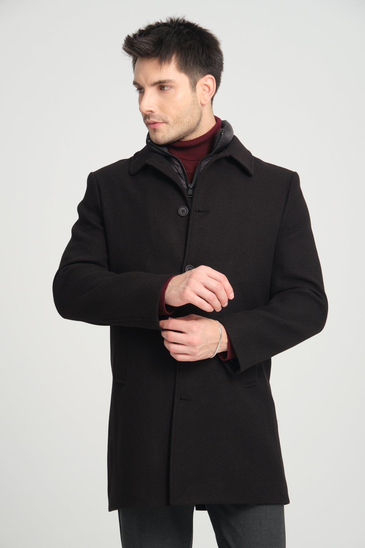 Black Wool Blend 2 in1 Overcoat With Removable Quilted Zip Bib