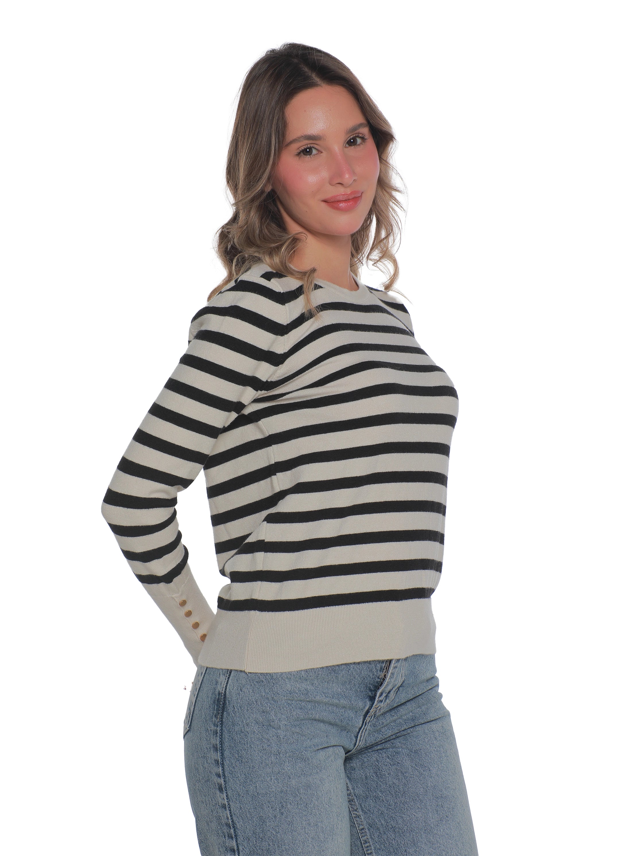 Long Sleeved Beige Pullover With Stripe Design