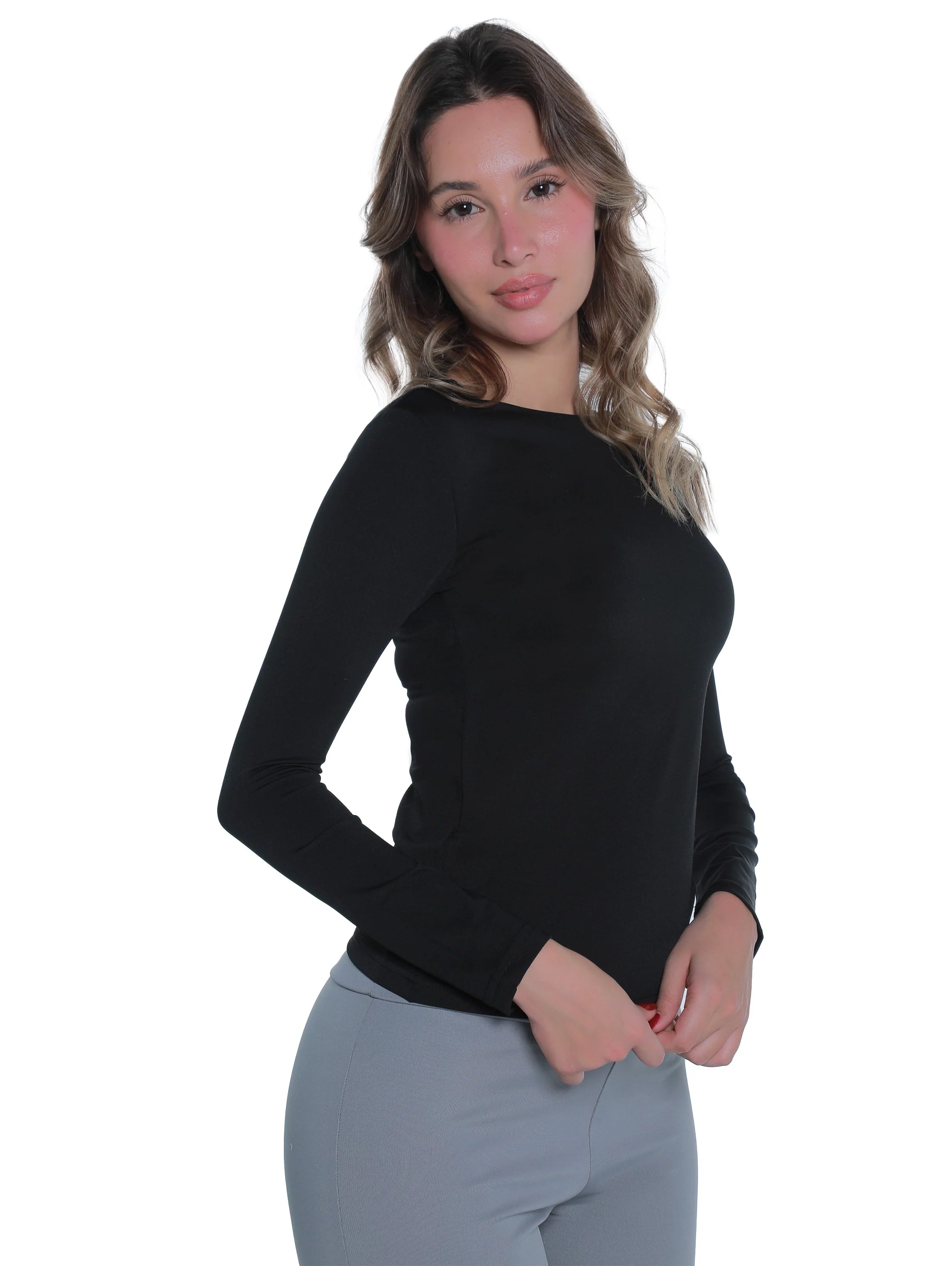 Long Sleeved Black Basic Top Round Neck