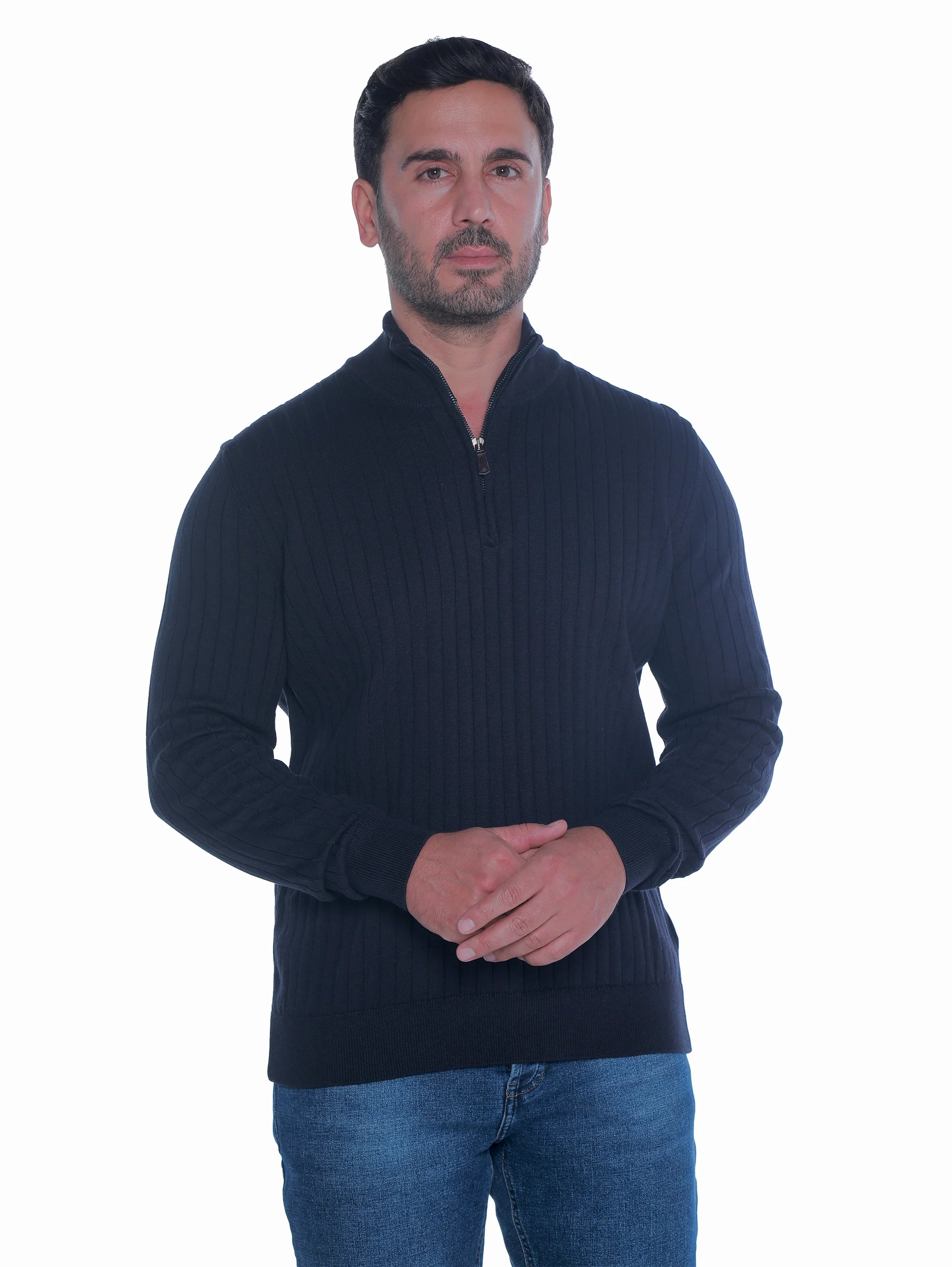 Navy Ribbed pullover With Half Zipper