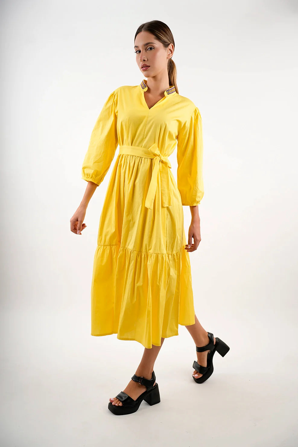 Long Sleeved Yellow Dress With Wing Collar