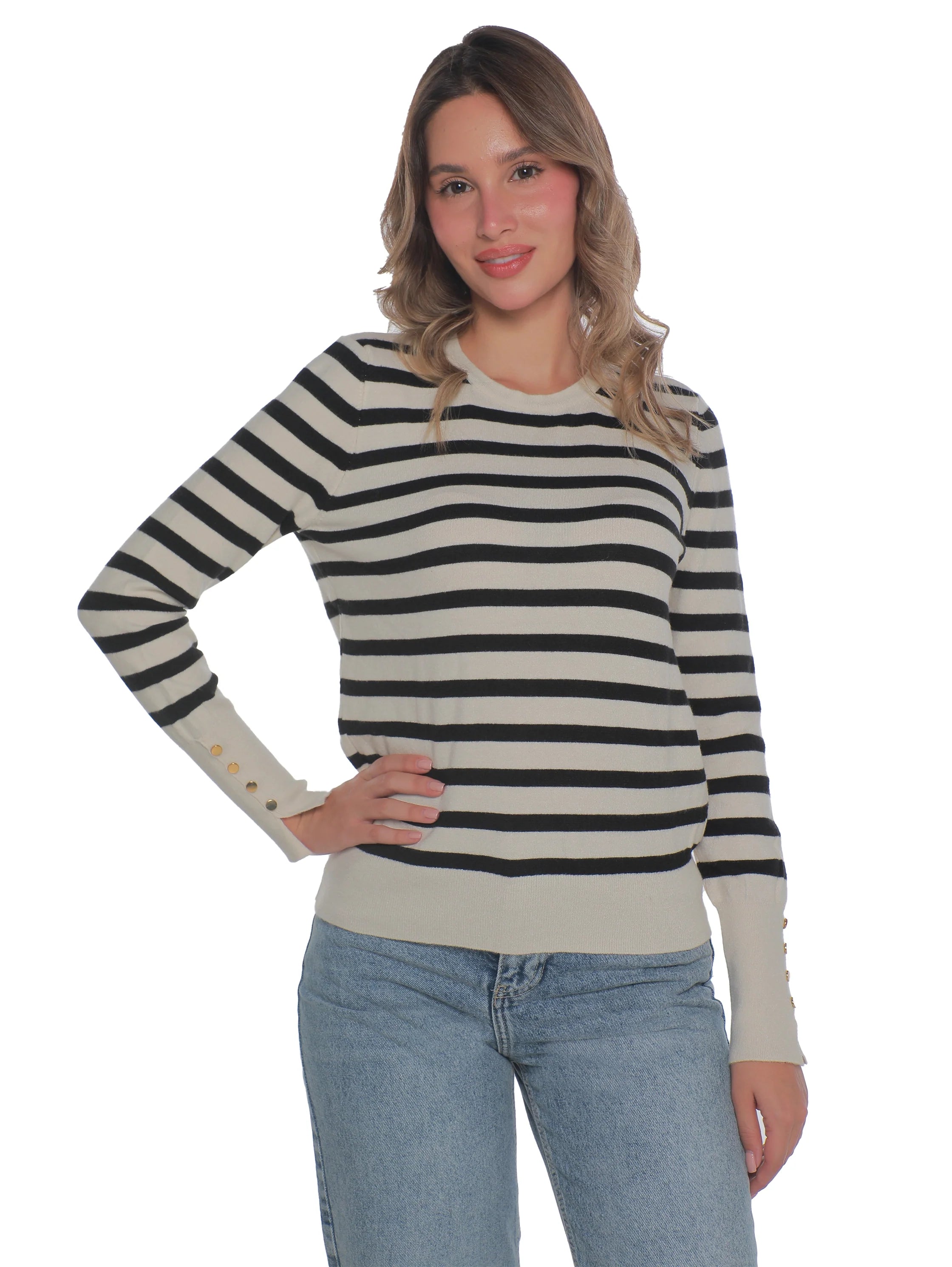 Long Sleeved Beige Pullover With Stripe Design