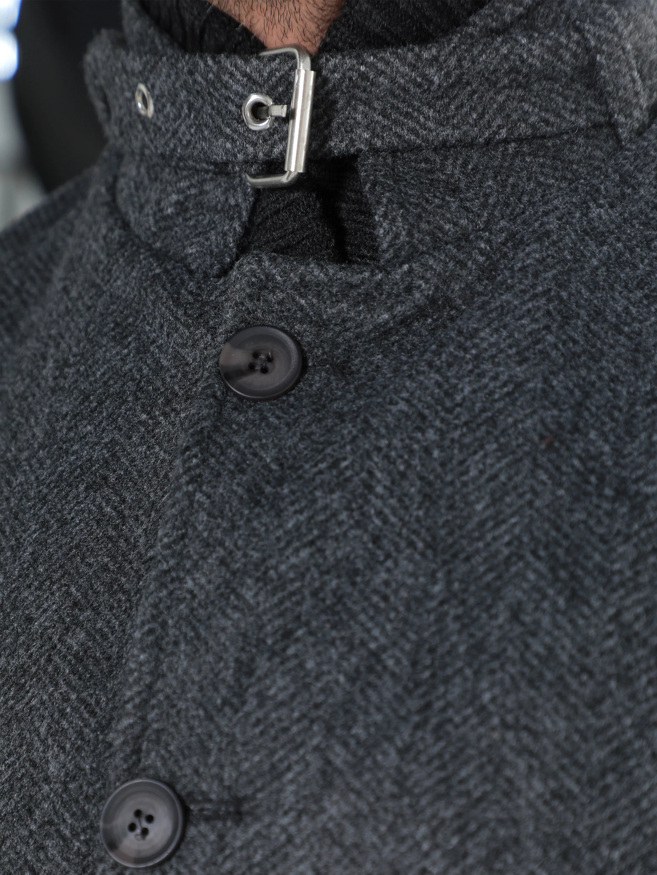 Dark Grey Buttoned Coat With Side Slanted Pockets
