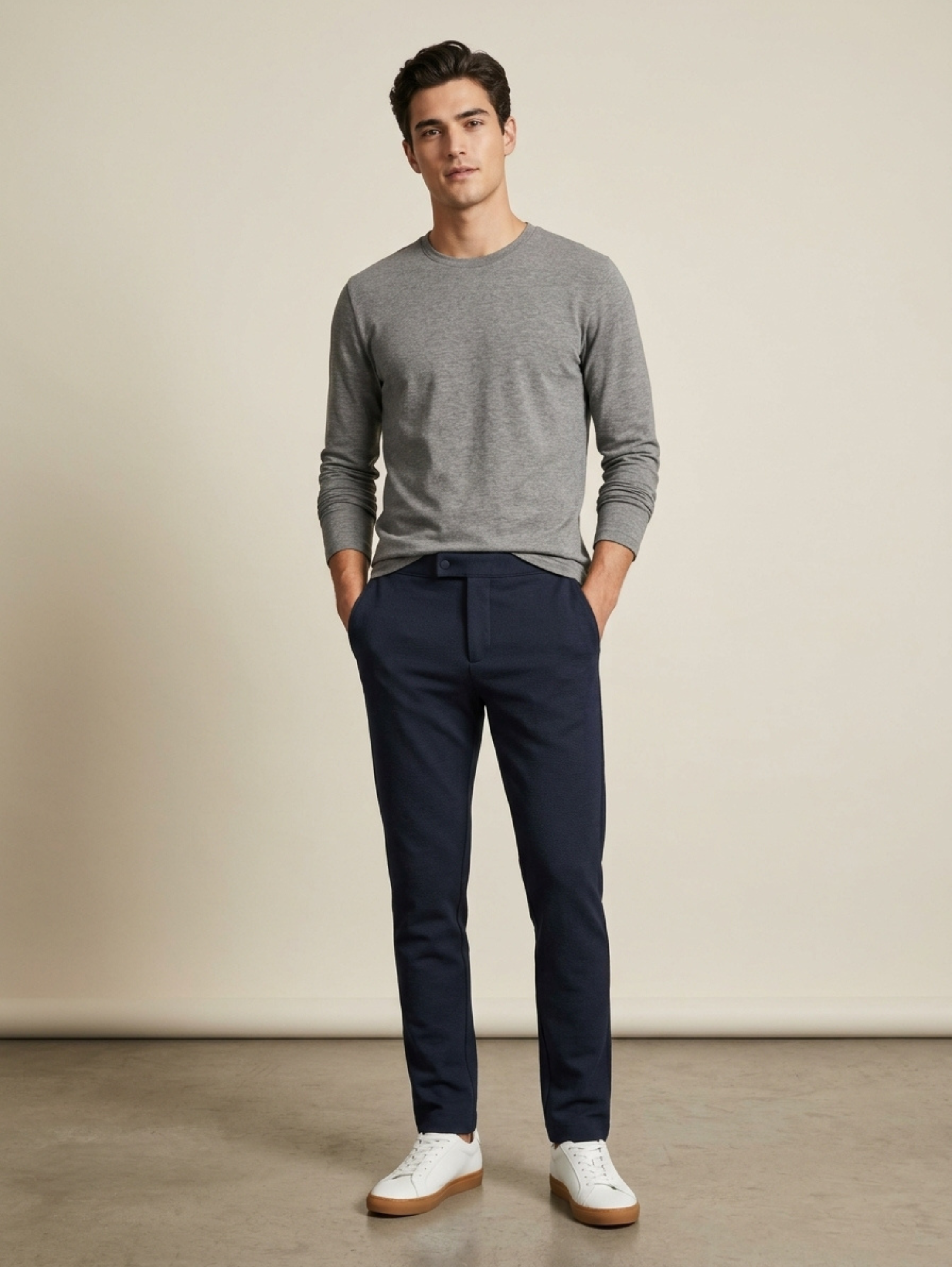 Navy Slim Straight Single Button Closure Pant With Back Elastic Waistband