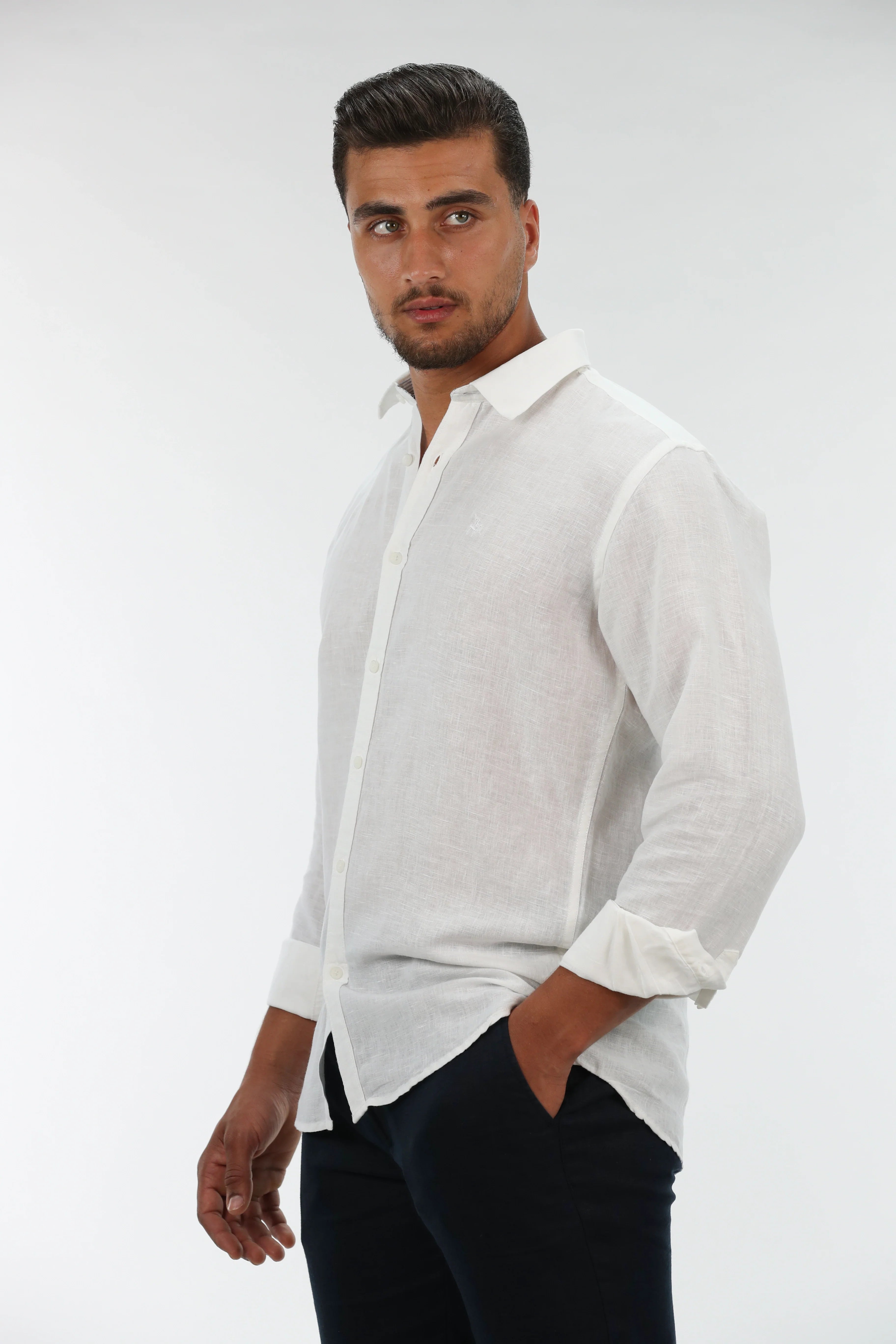 Long Sleeved White Plain Linen Shirt