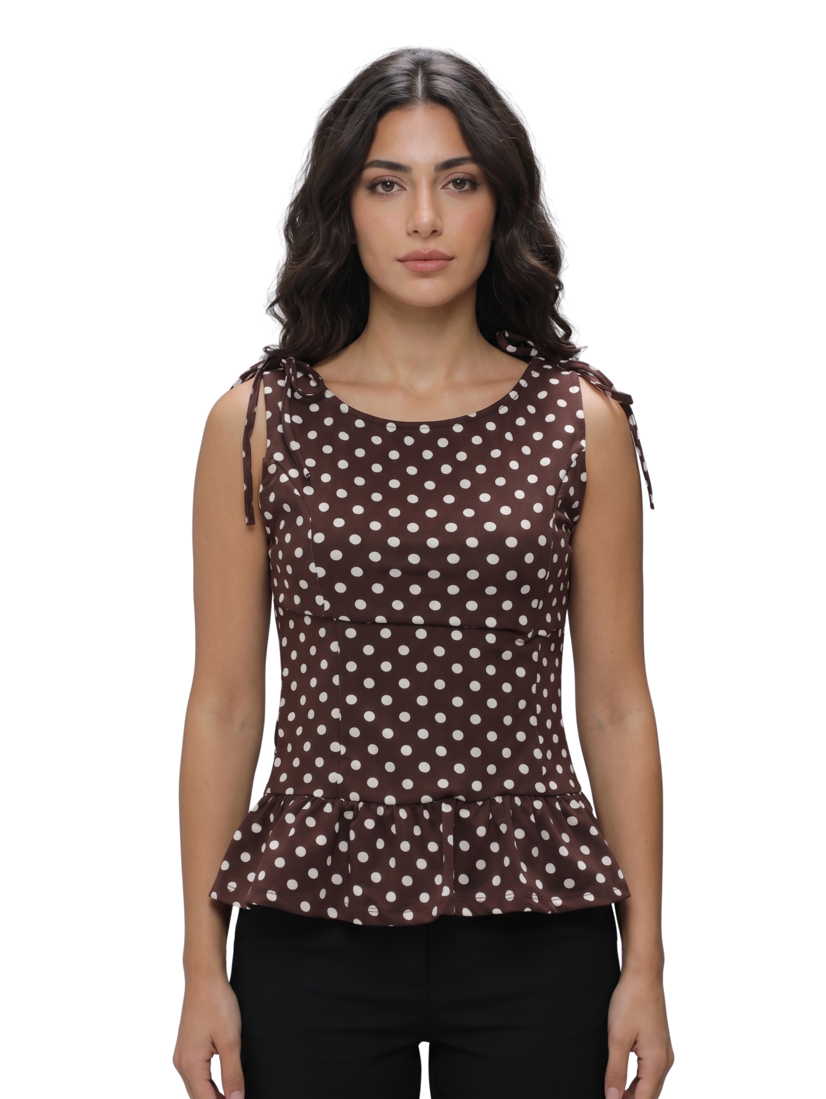 Classic Brown And Light Beige Polka Dot Sleeveless Top