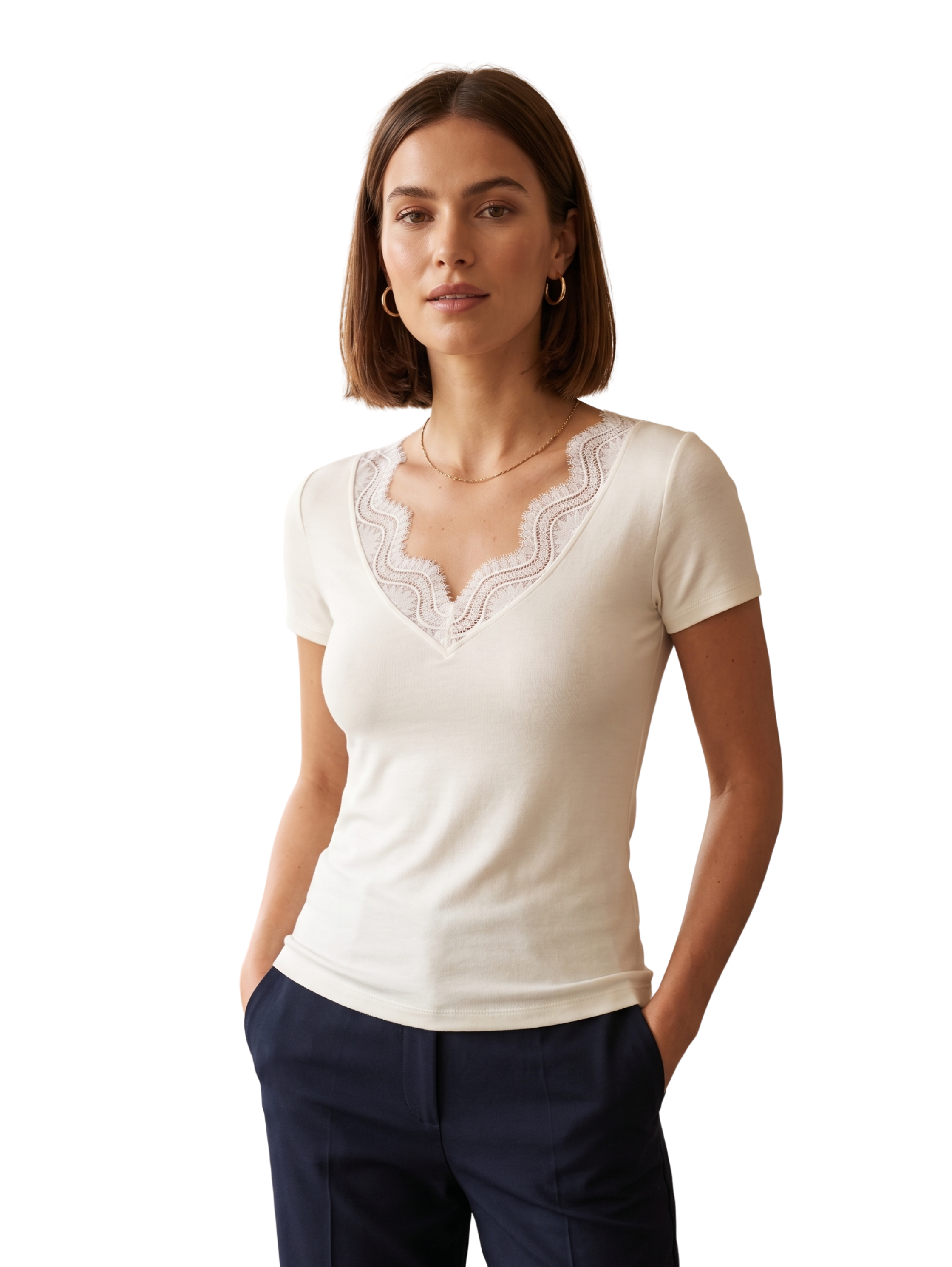 Off White Short Sleeved V Neck Top With Lace Design