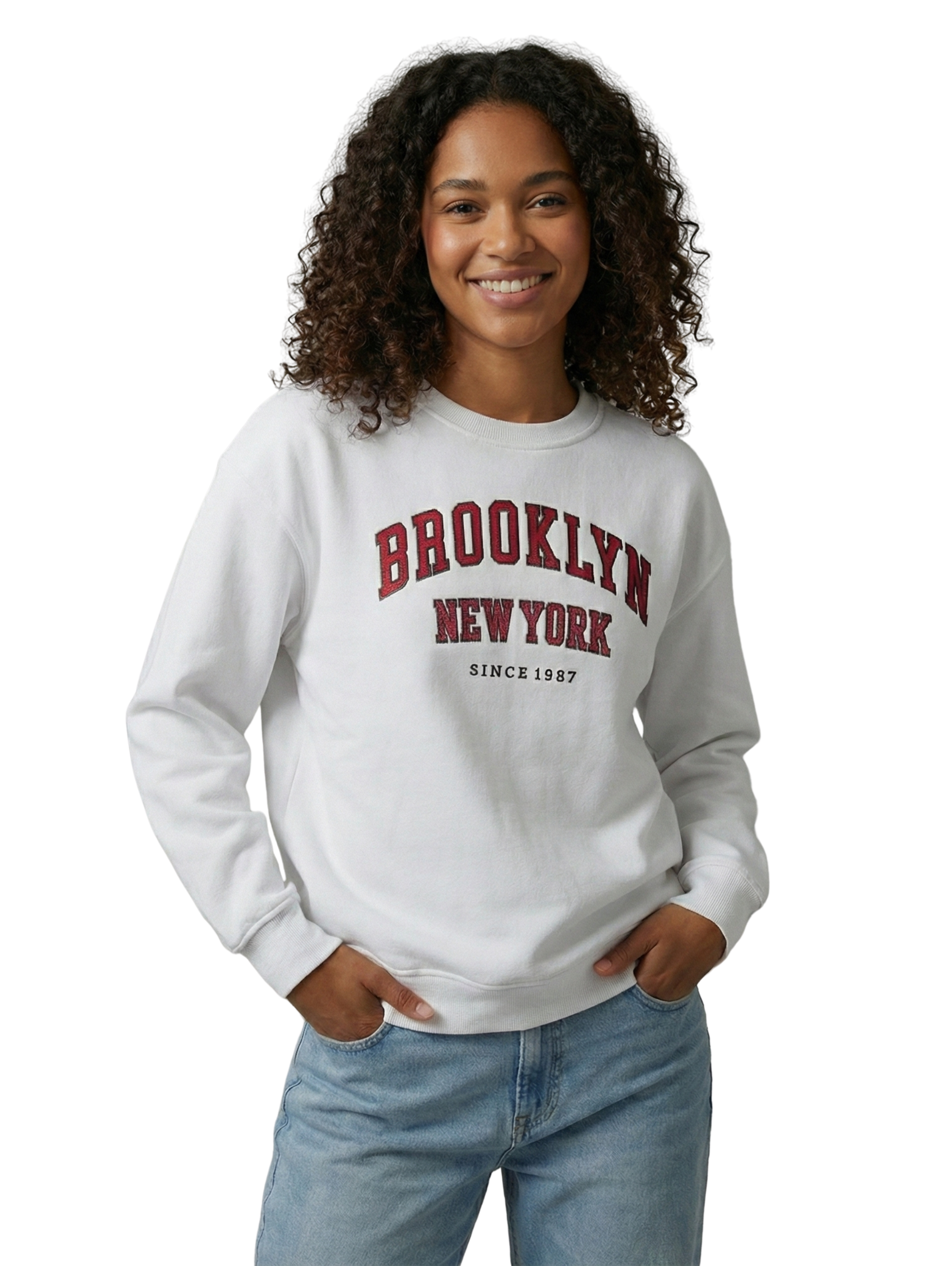 Long Sleeve Fleeced White Pullover with Front Print Design