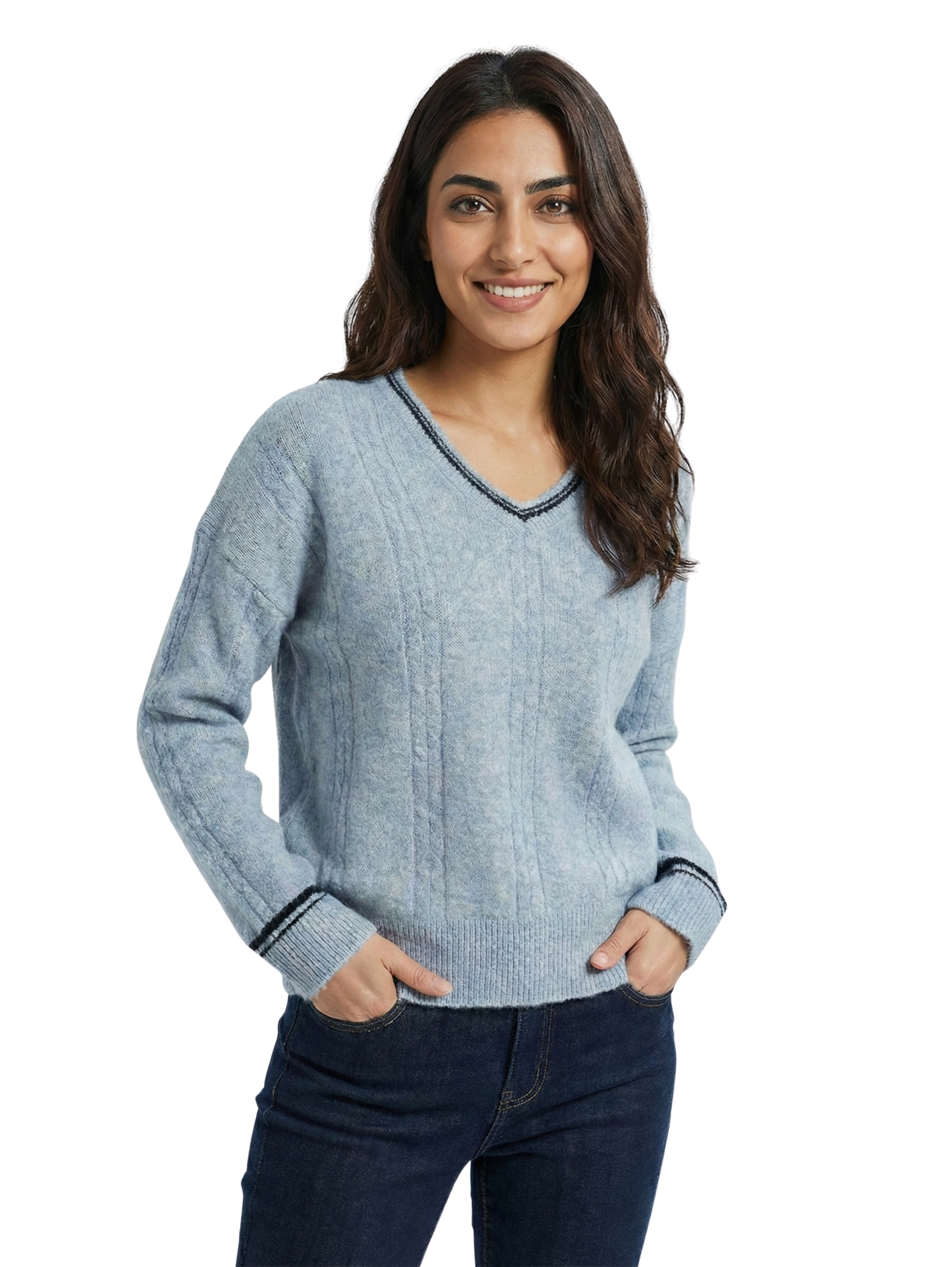 Grey Knitted V-Neck Warm Pullover