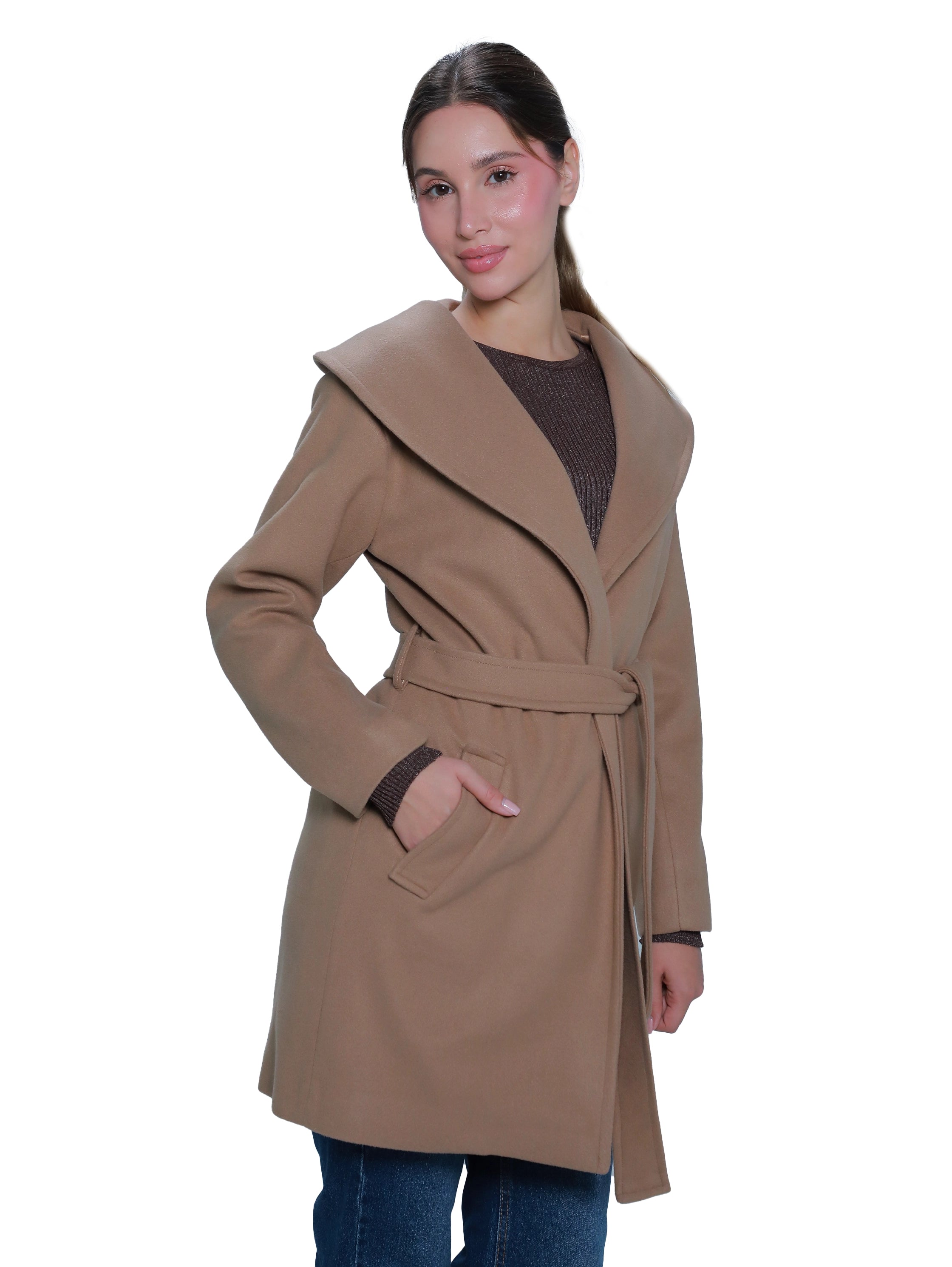 Camel Warm Belted Coat With Open Collar