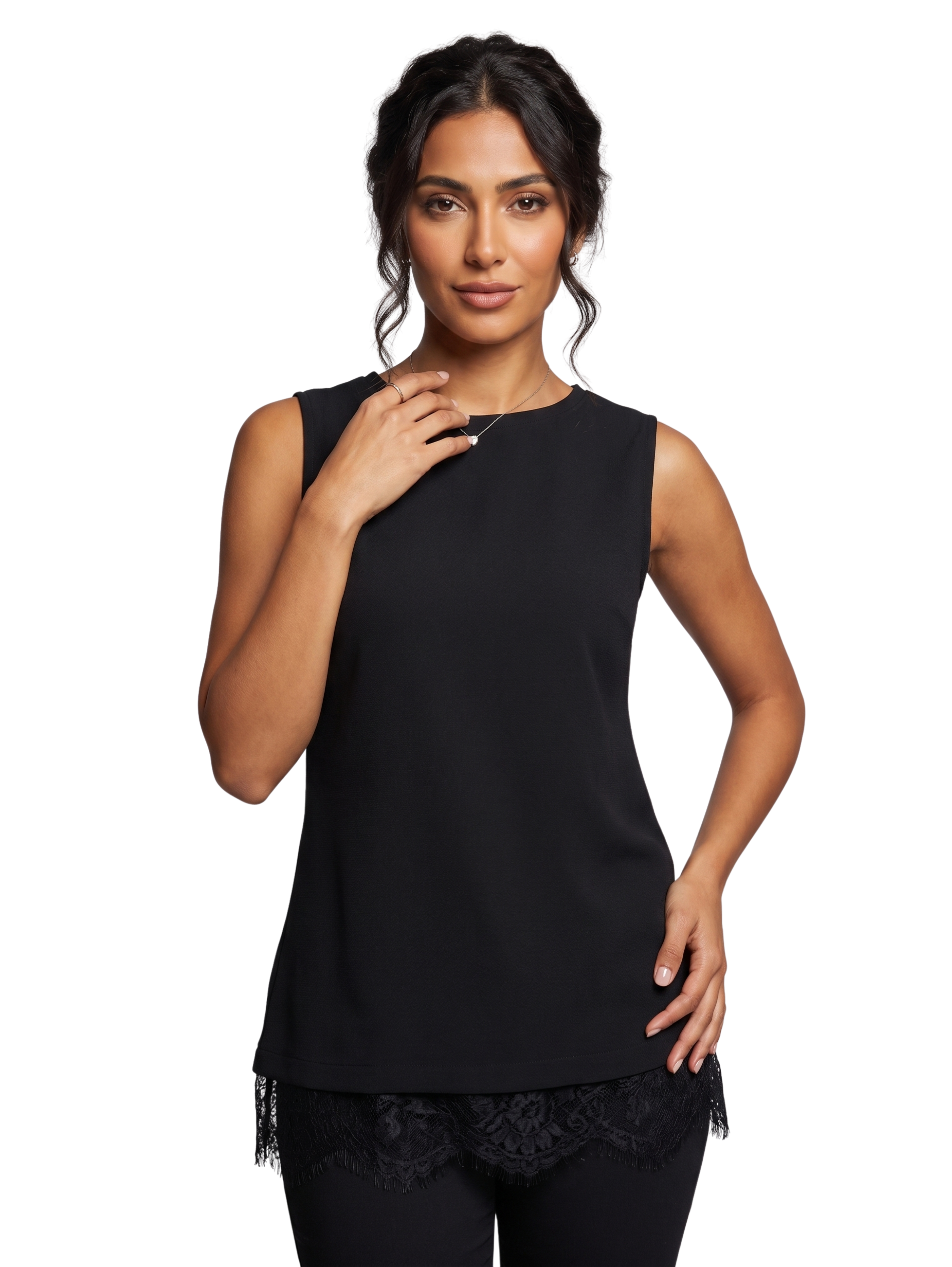 Black Sleeveless Top With Floral Lace Design