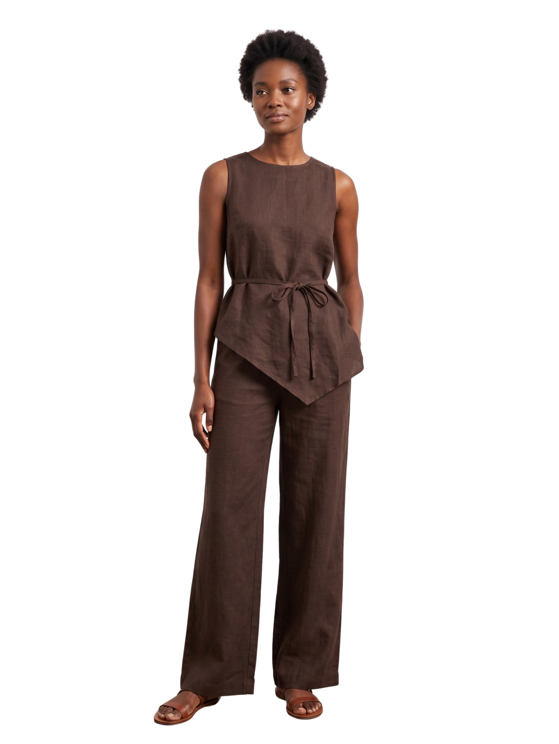 Brown Sleeveless Crew Neck Two Piece Linen Set