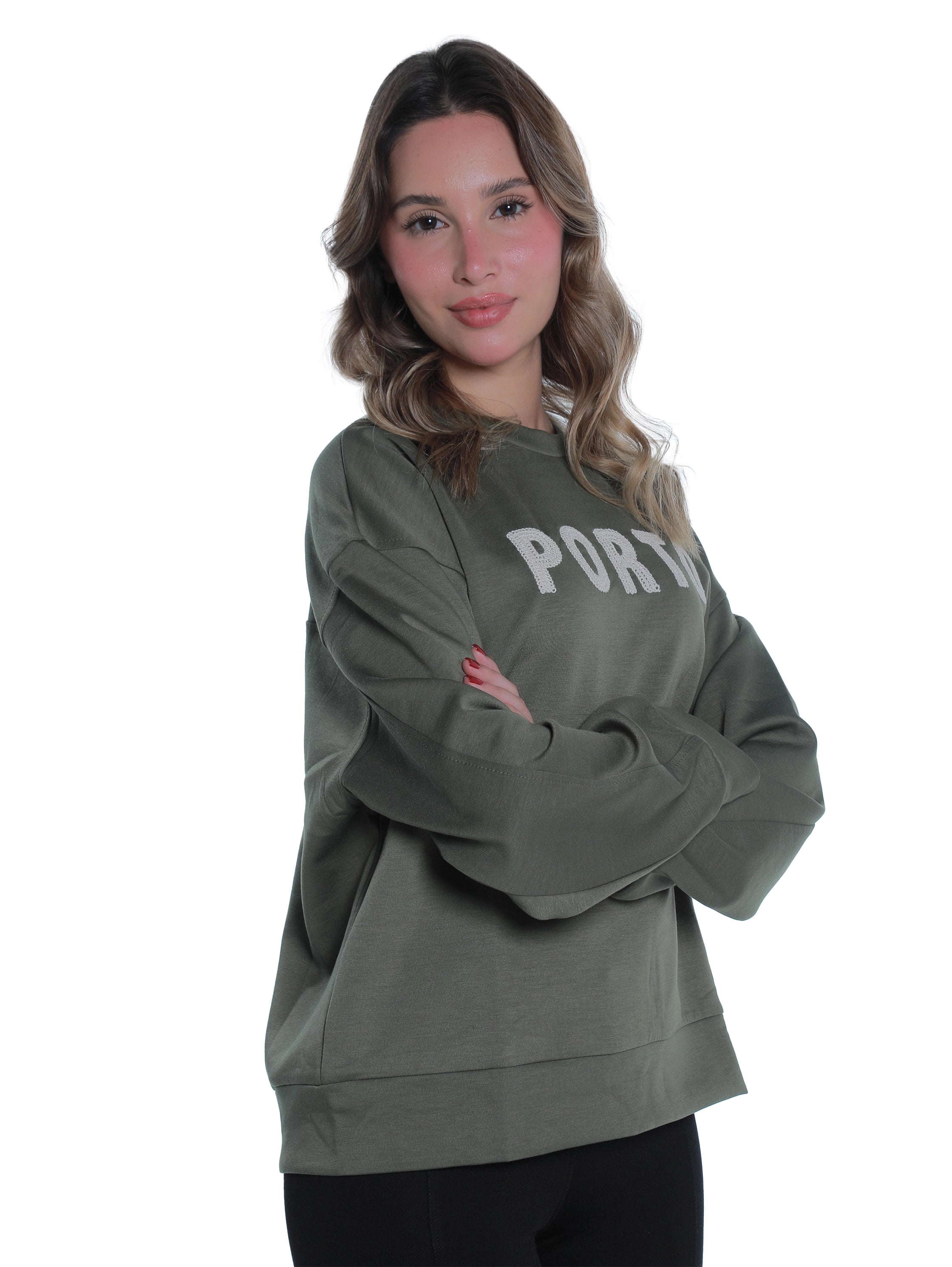 Round Neck Olive Sweater With "Porto" Front Design