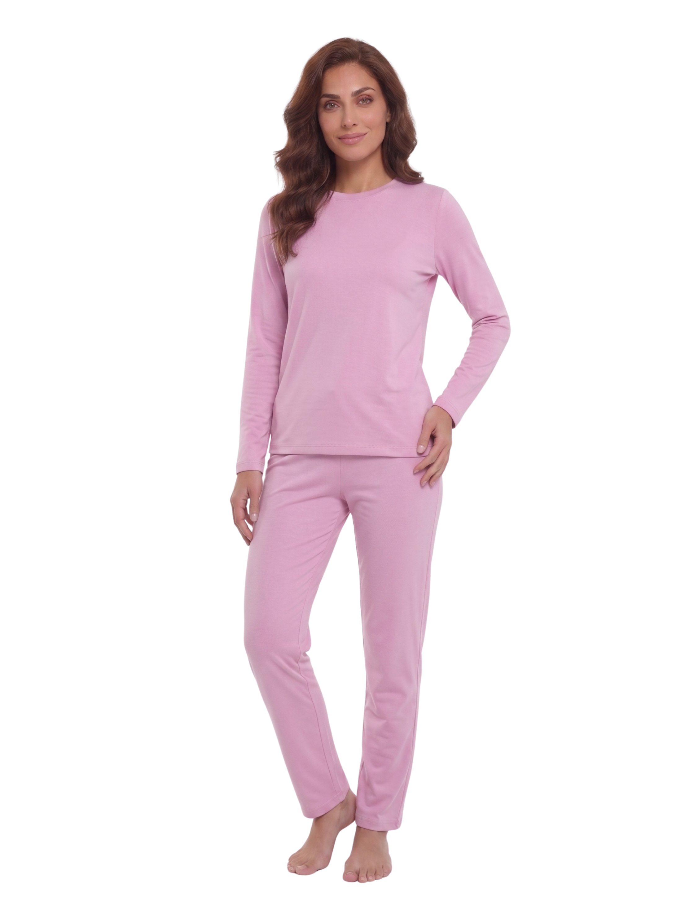 Long Sleeved Pink Pyjama Set With Crew Neckline