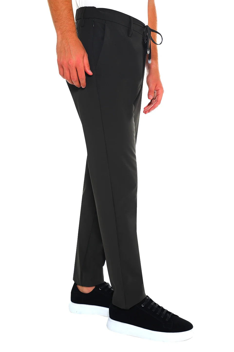 Elastic Waisted Dark Khaki Pant With Zipper