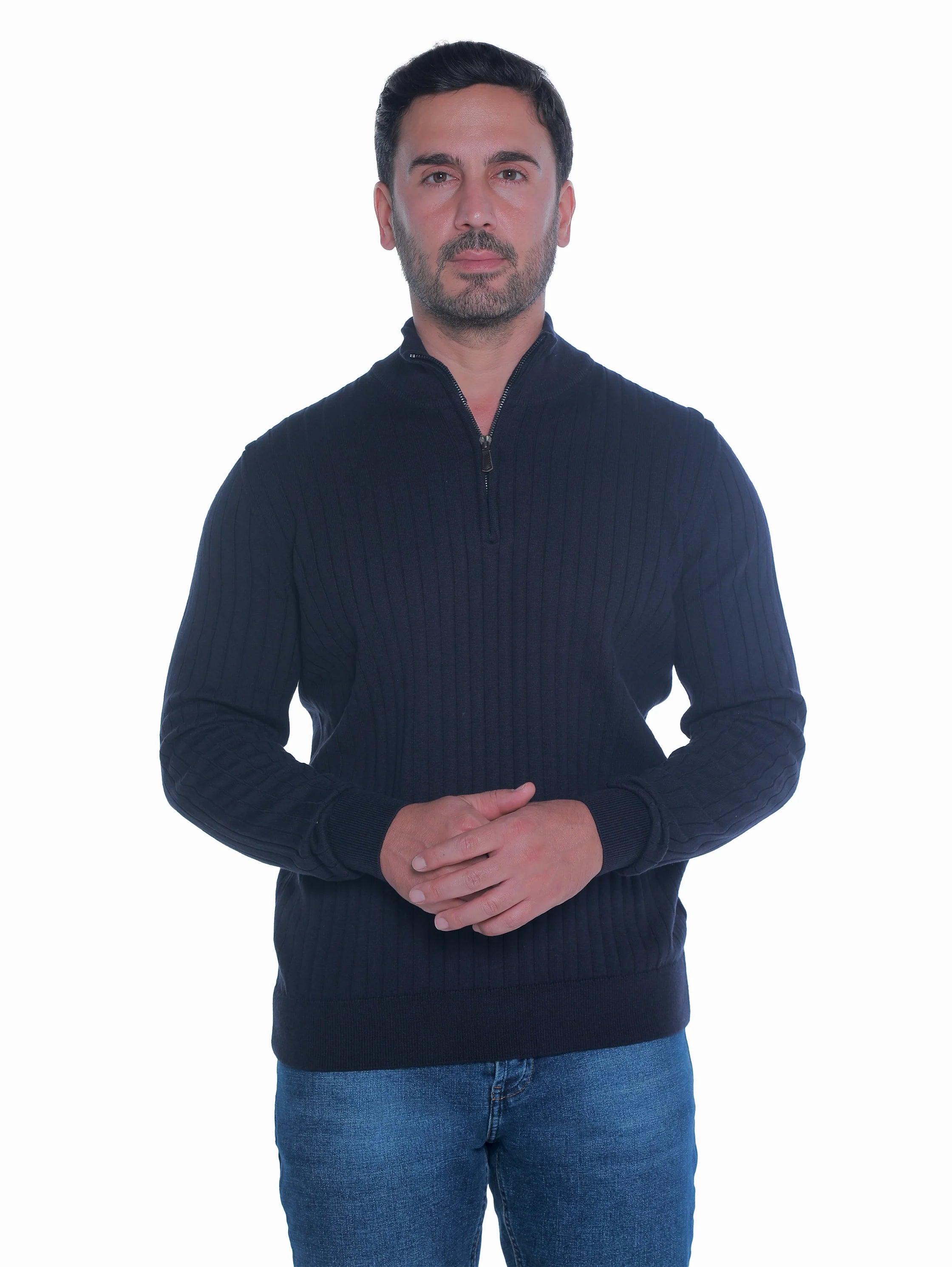 Navy Ribbed pullover With Half Zipper