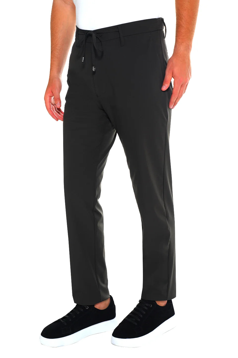 Elastic Waisted Dark Khaki Pant With Zipper