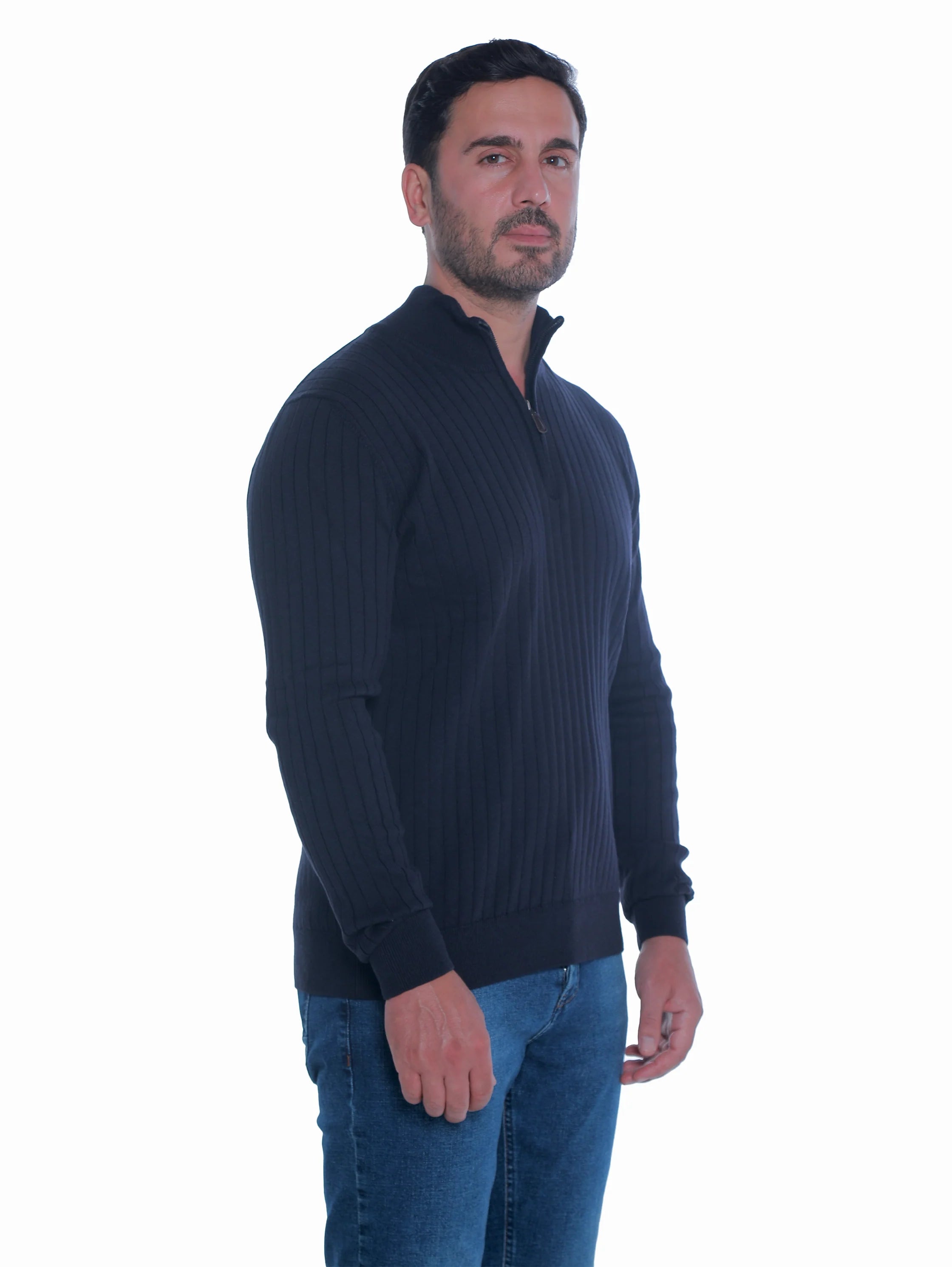 Navy Ribbed pullover With Half Zipper