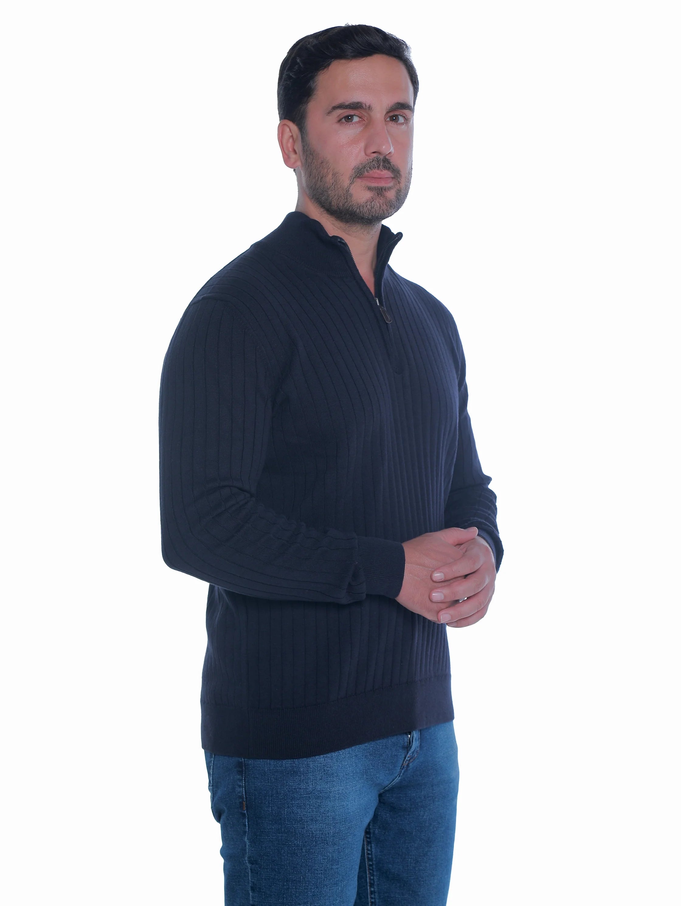 Navy Ribbed pullover With Half Zipper