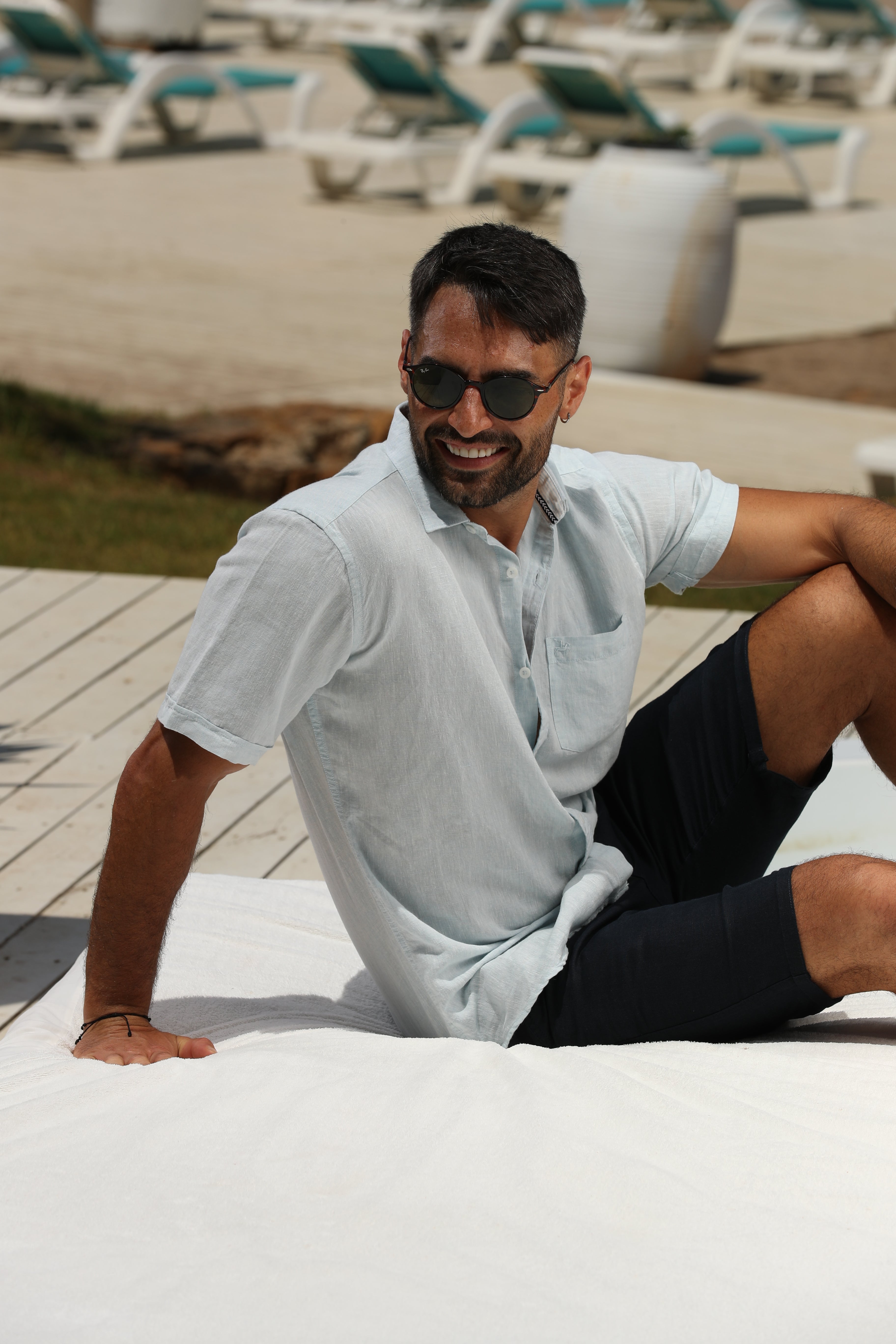 Short Sleeved Light Blue Linen Shirt