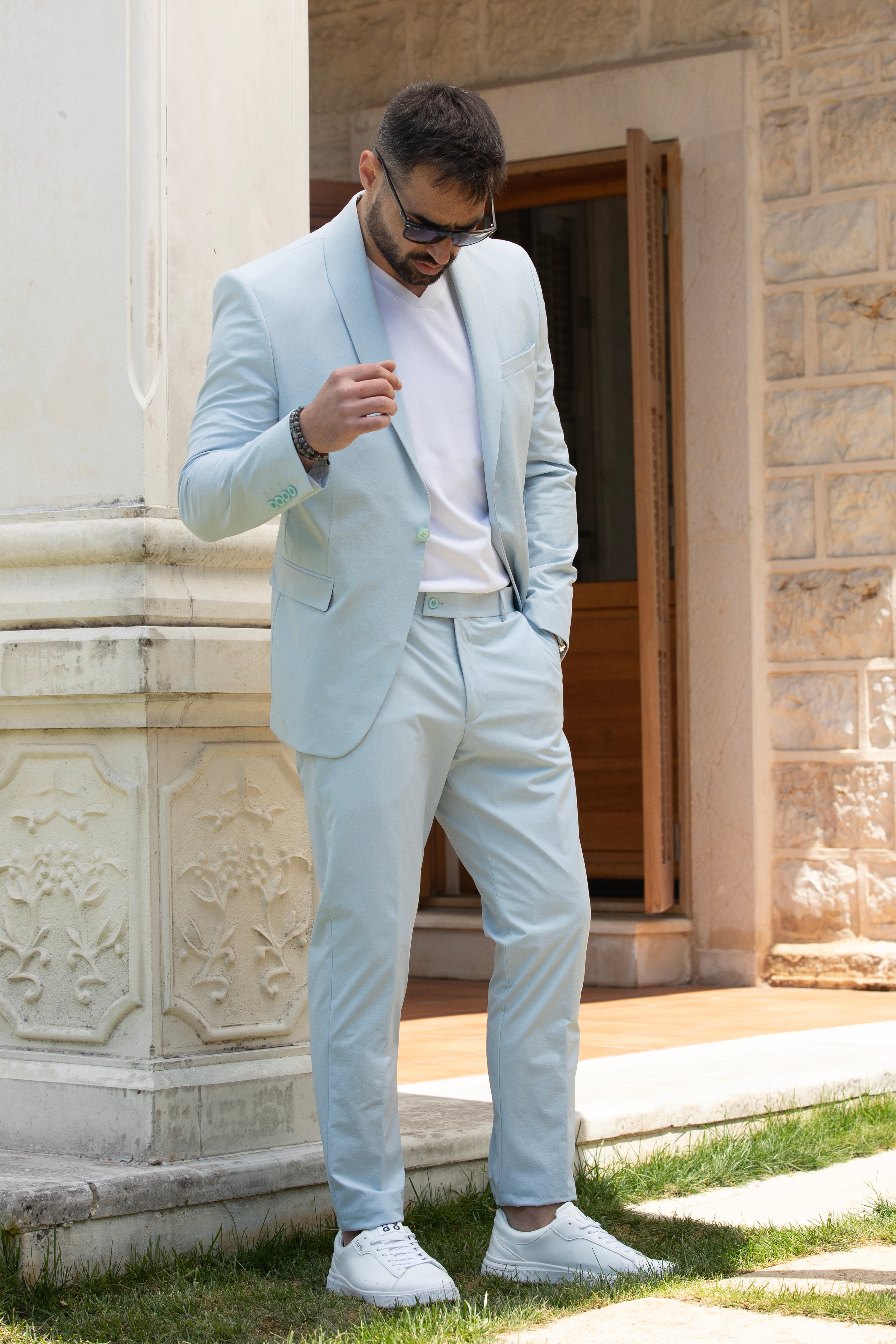 Summer Casual Light Blue Suit 2 Pieces