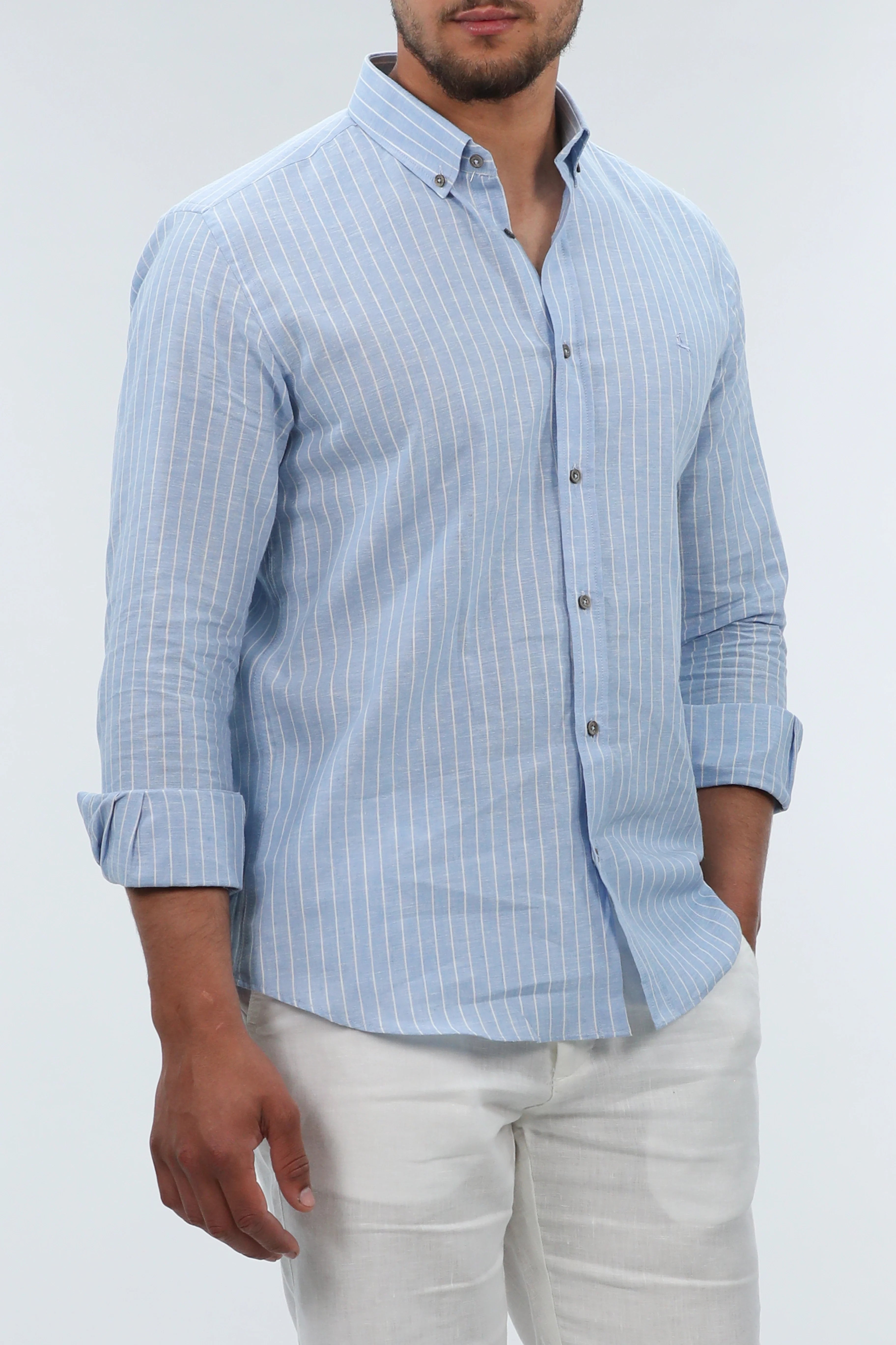 Blue Linen Shirt Long Sleeve With Stripe Design