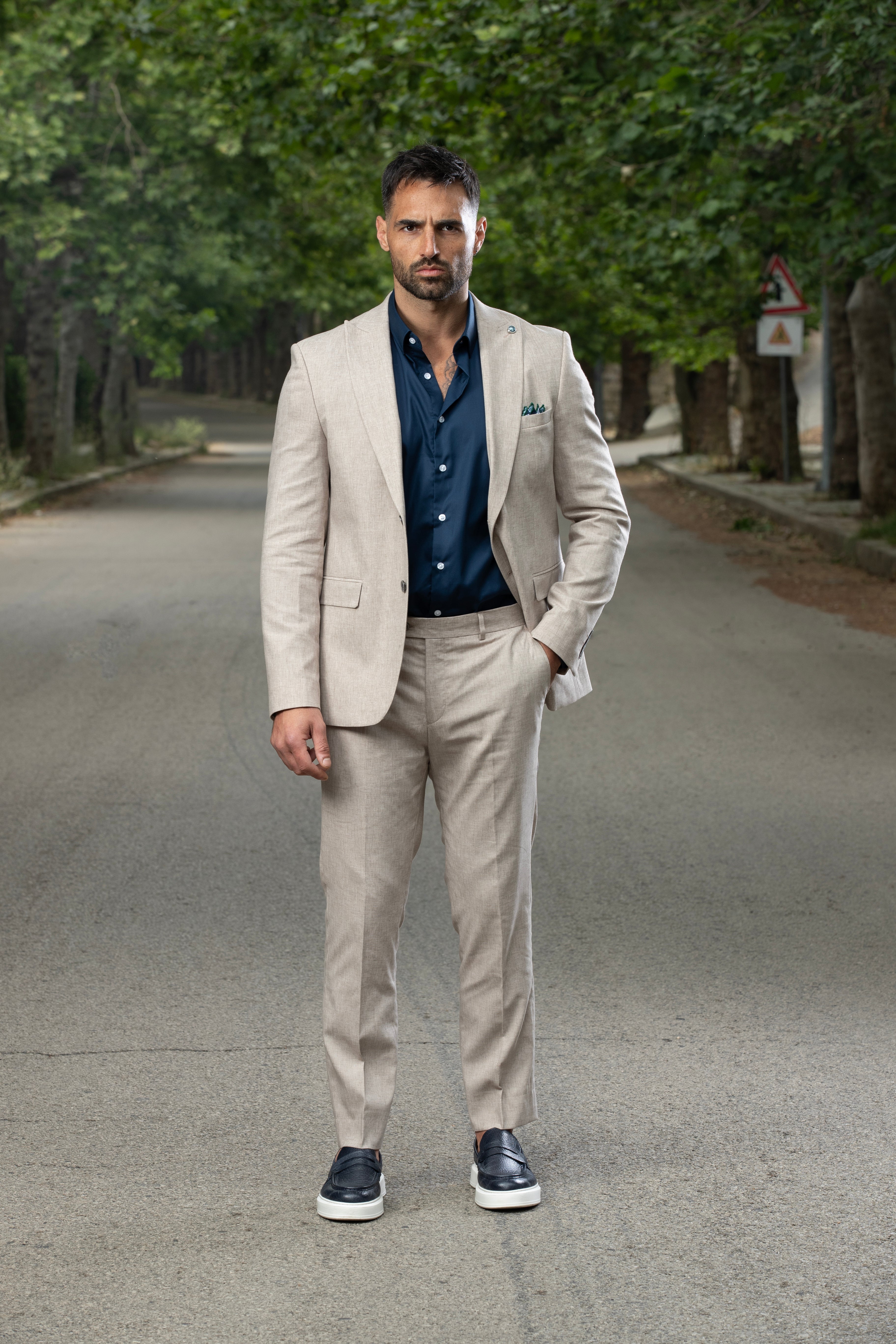 Beige Casual Linen Suit