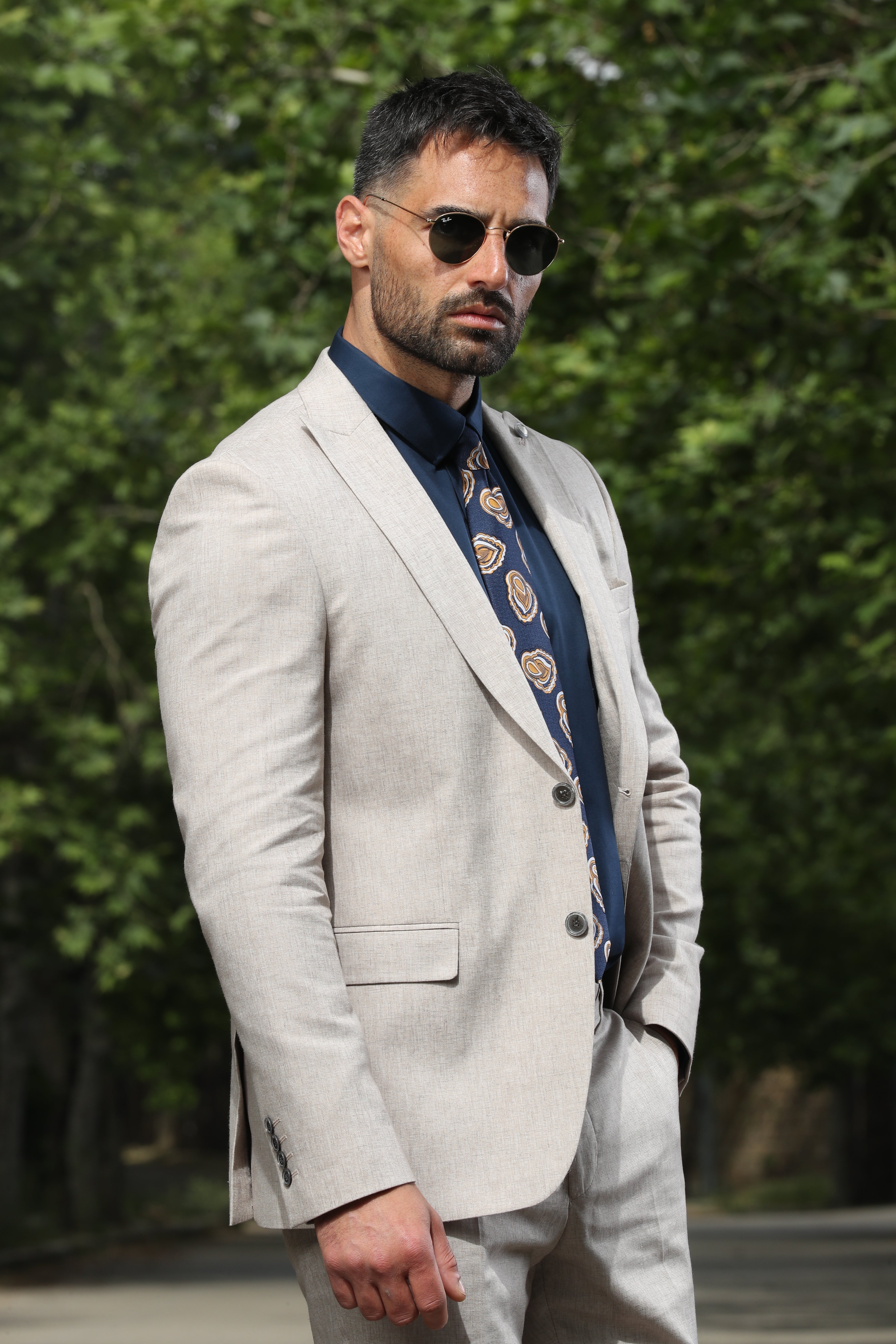 Beige Casual Linen Suit