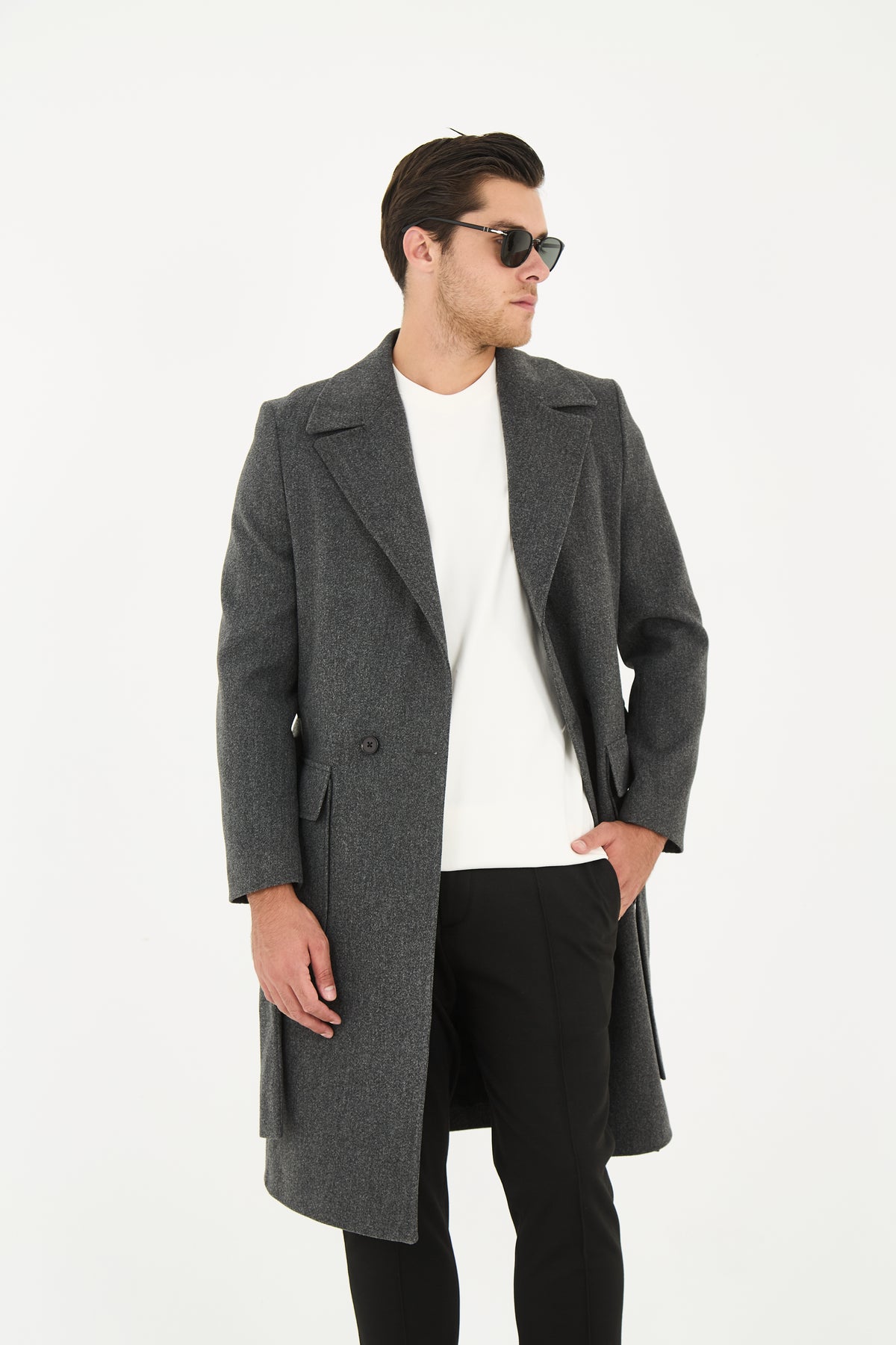 Tailored Grey Belted Overcoat With Wide Notch Lapels & Flap Pockets