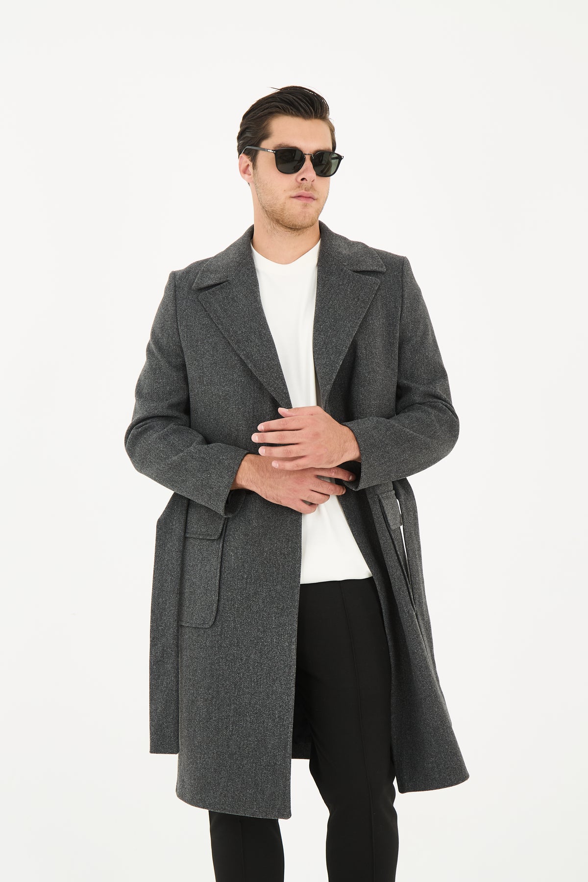Tailored Grey Belted Overcoat With Wide Notch Lapels & Flap Pockets
