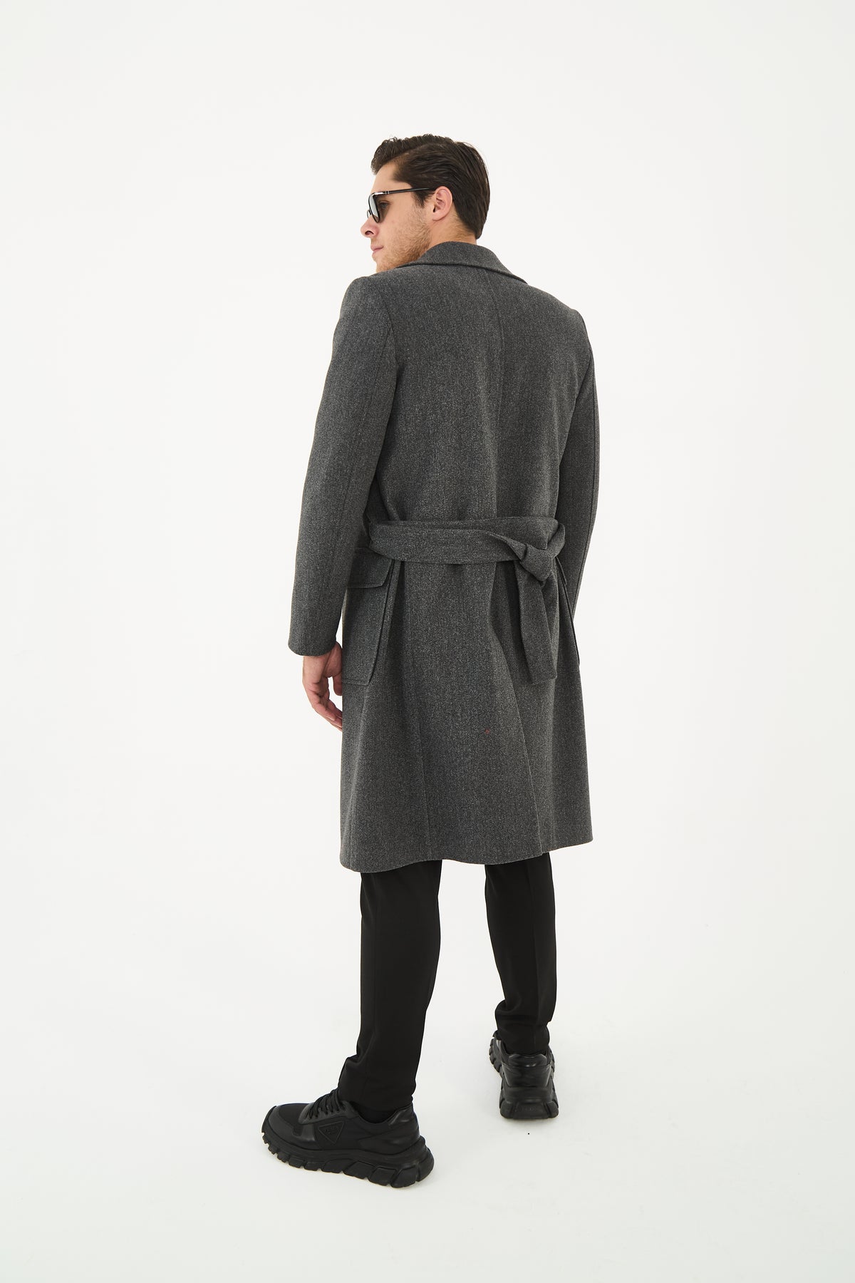 Tailored Grey Belted Overcoat With Wide Notch Lapels & Flap Pockets