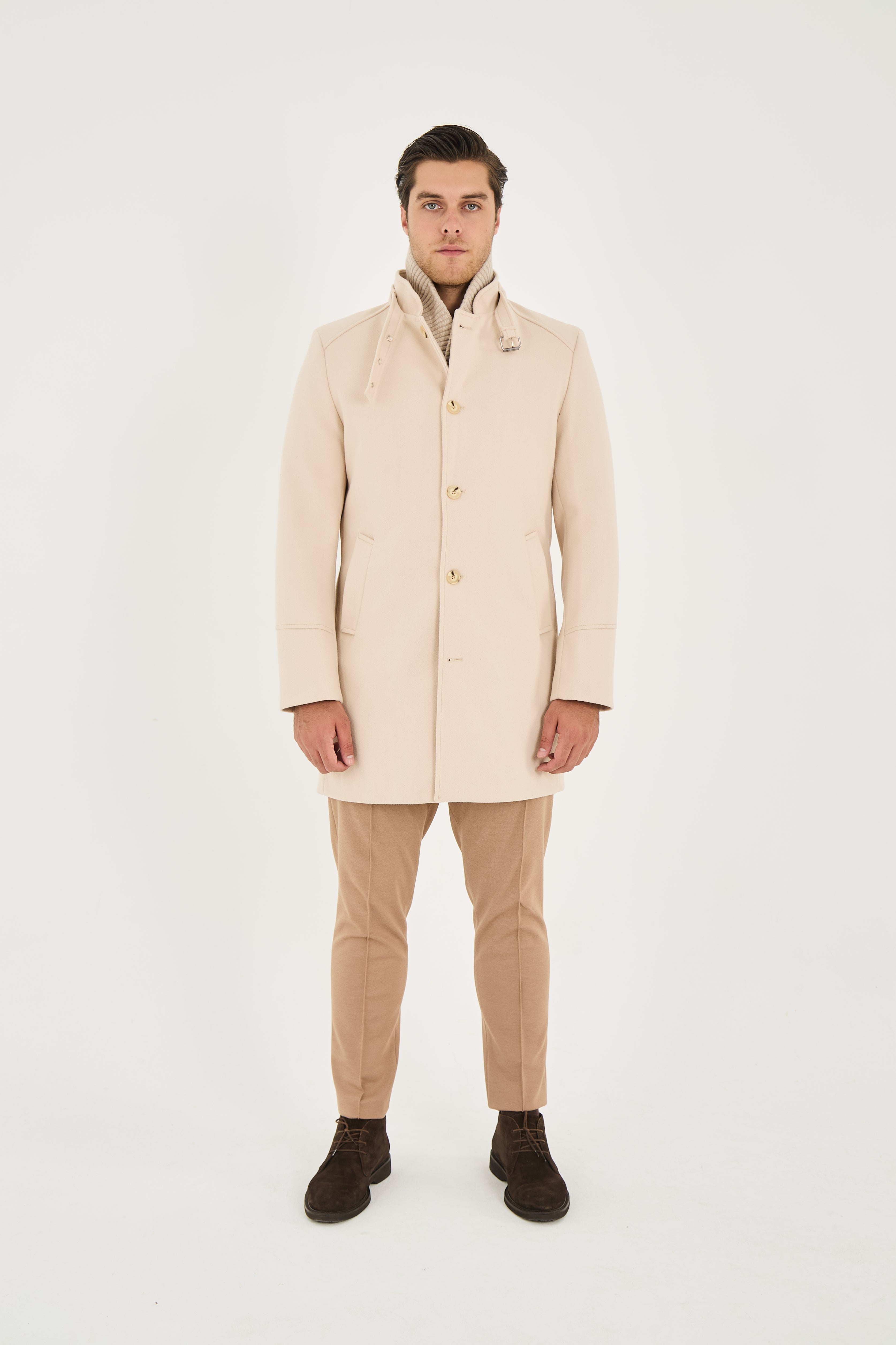Tailored Beige Stand Collar Overcoat with Neck Strap & Knit Layer