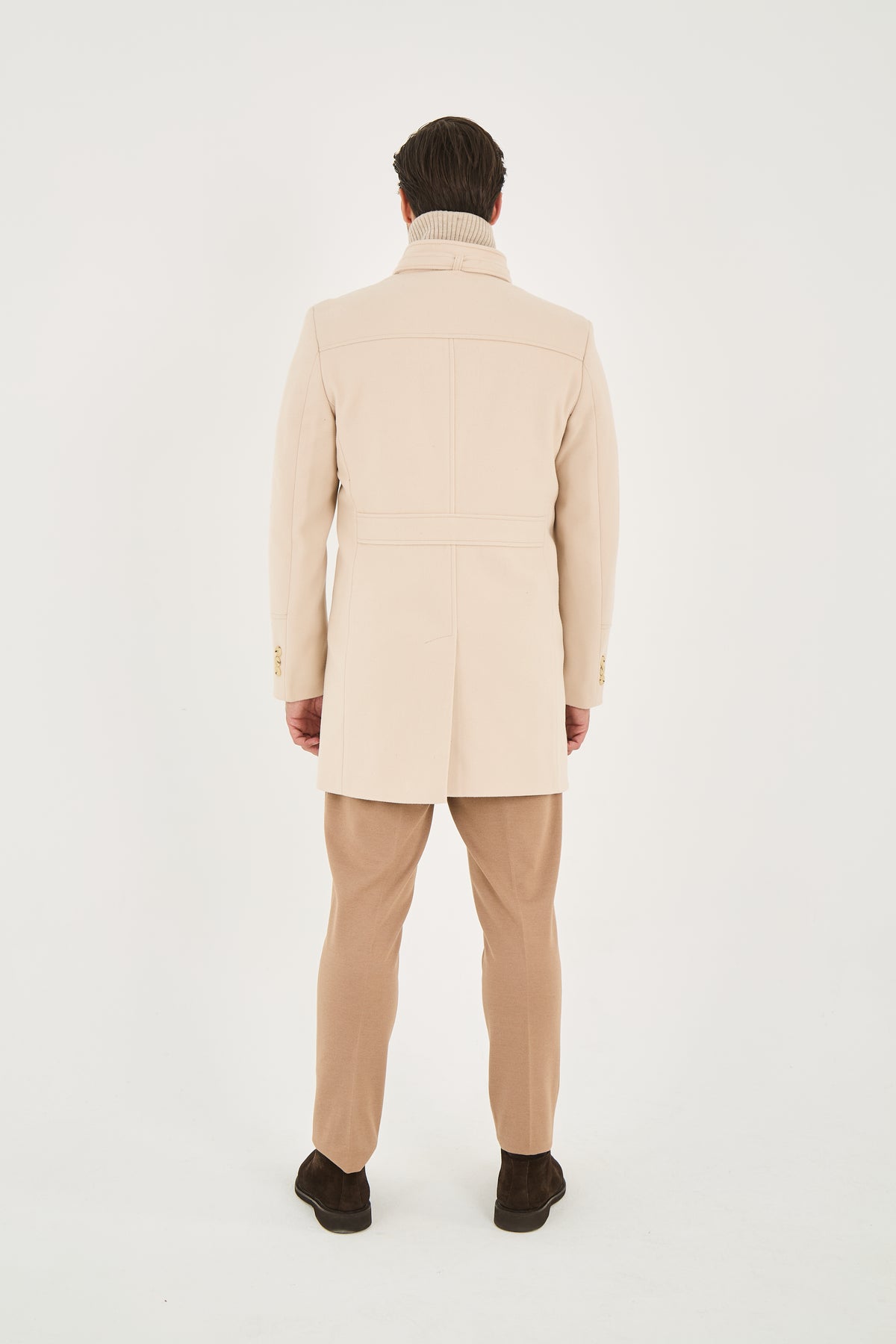 Tailored Beige Stand Collar Overcoat with Neck Strap & Knit Layer