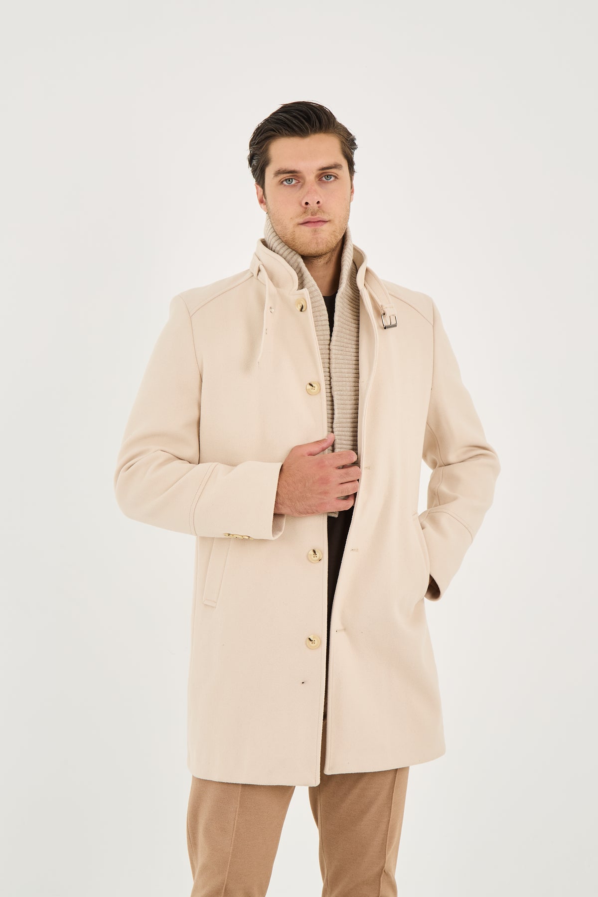 Tailored Beige Stand Collar Overcoat with Neck Strap & Knit Layer