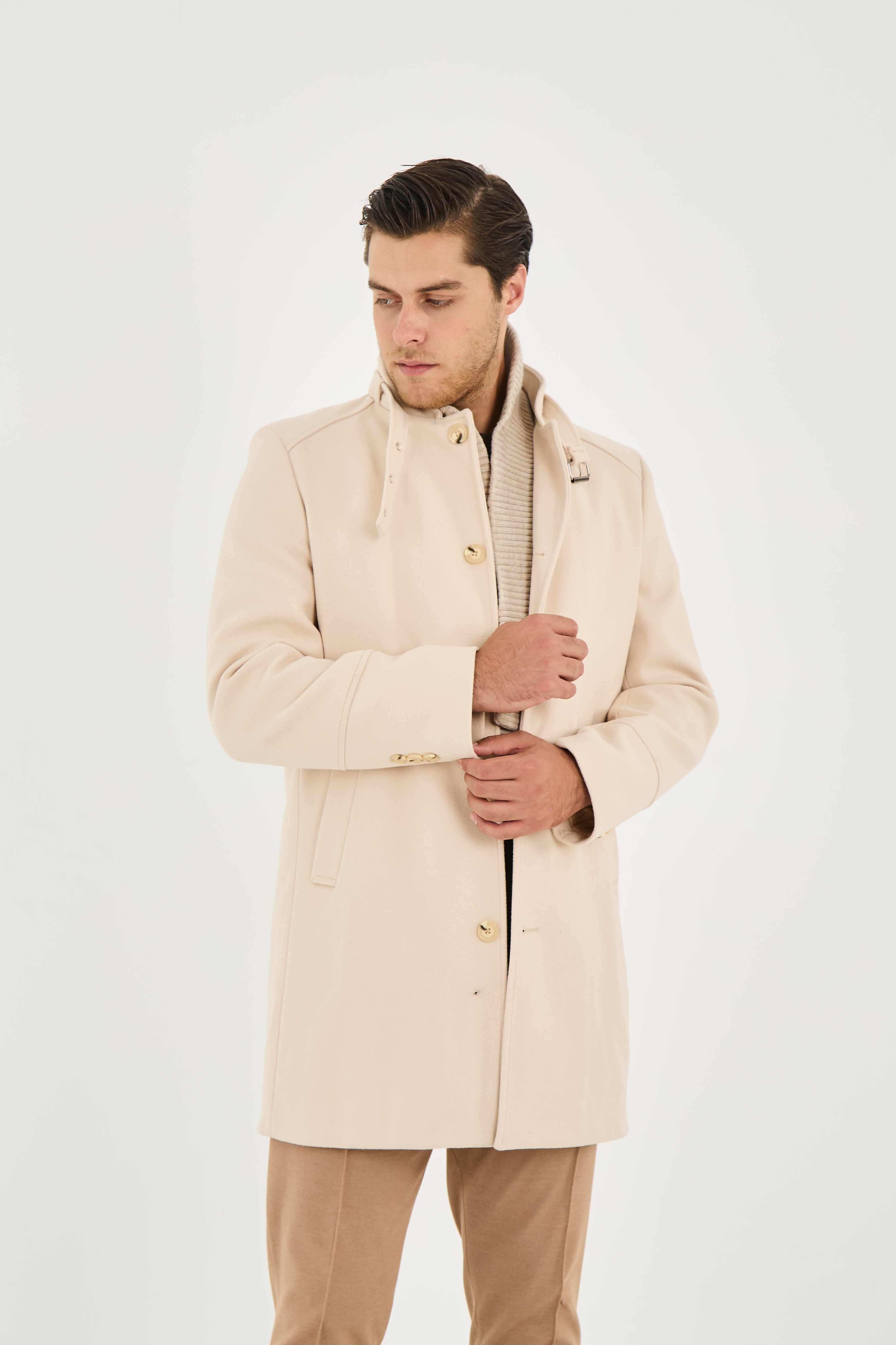 Tailored Beige Stand Collar Overcoat with Neck Strap & Knit Layer