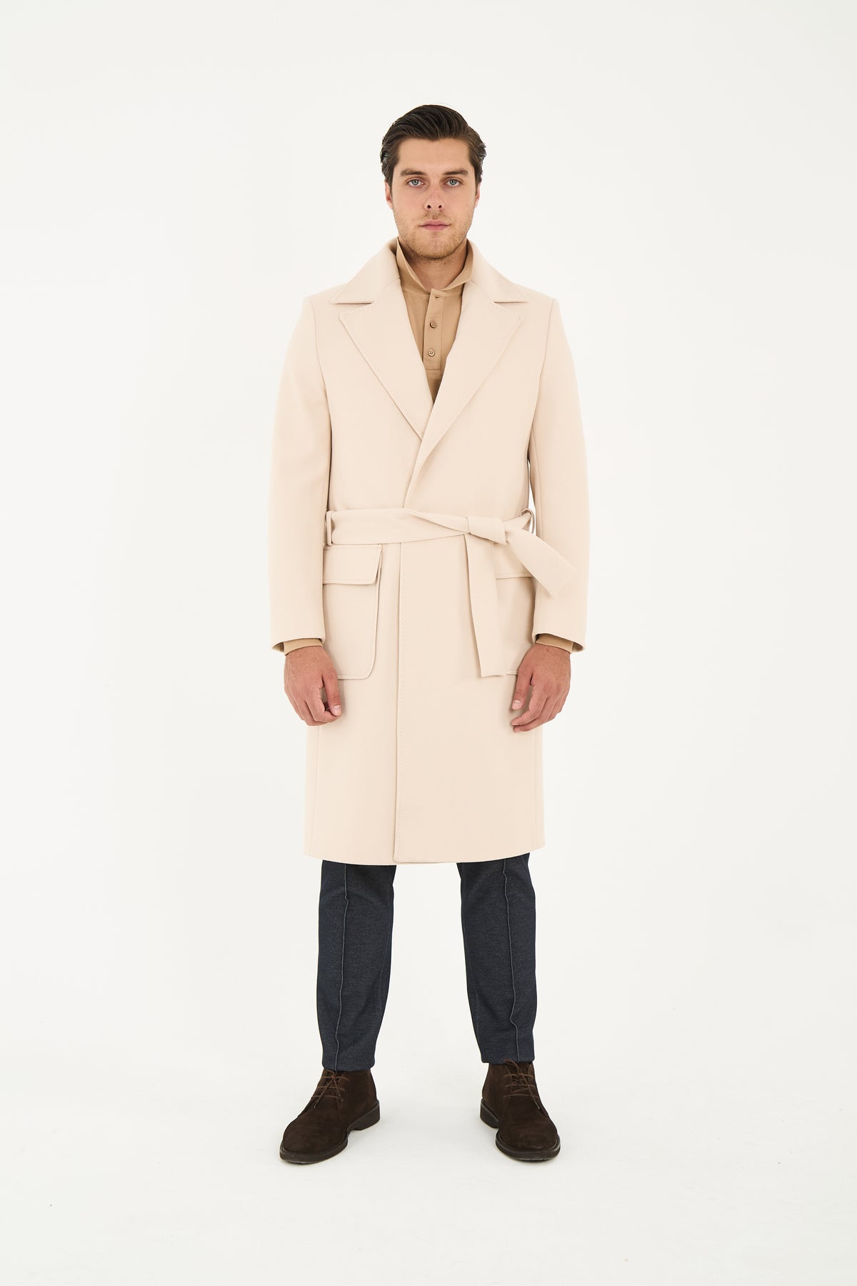 Tailored Beige Belted Overcoat With Wide Notch Lapels & Flap Pockets