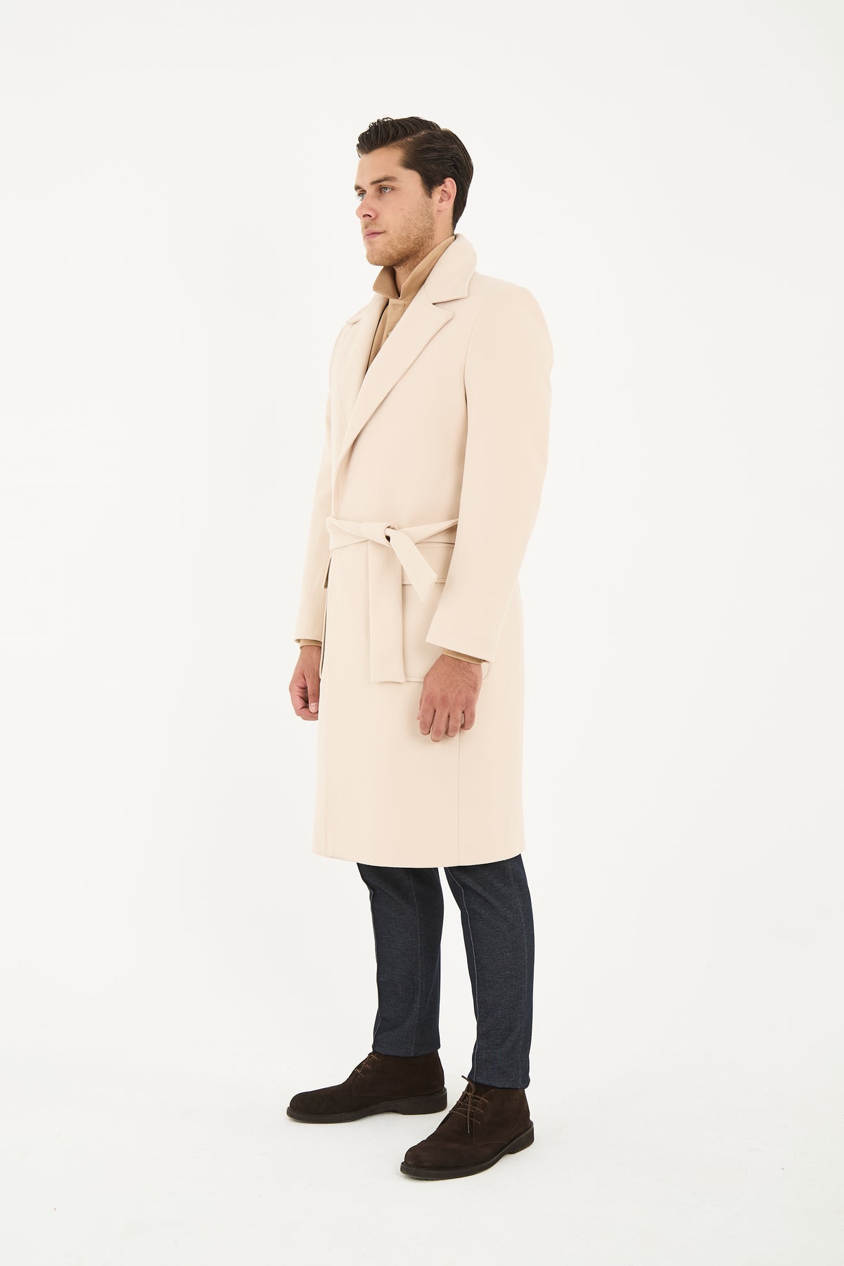 Tailored Beige Belted Overcoat With Wide Notch Lapels & Flap Pockets