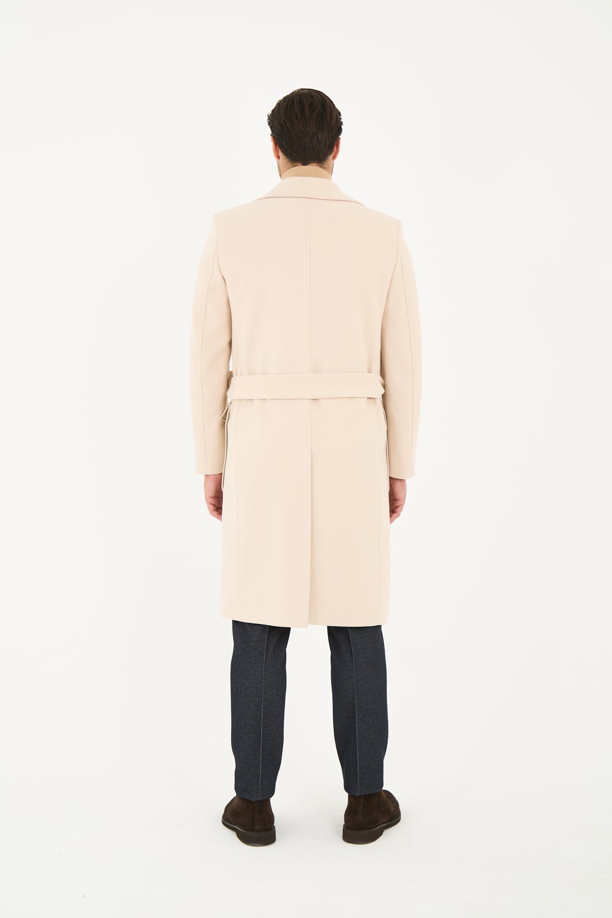 Tailored Beige Belted Overcoat With Wide Notch Lapels & Flap Pockets