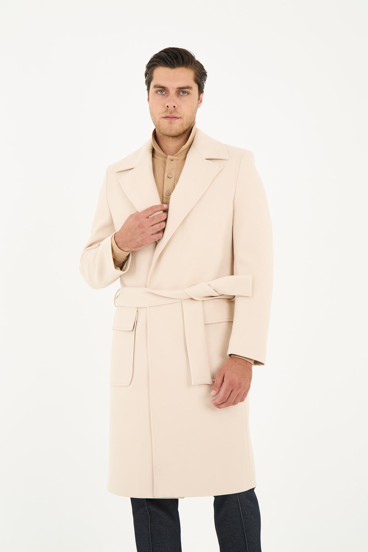 Tailored Beige Belted Overcoat With Wide Notch Lapels & Flap Pockets