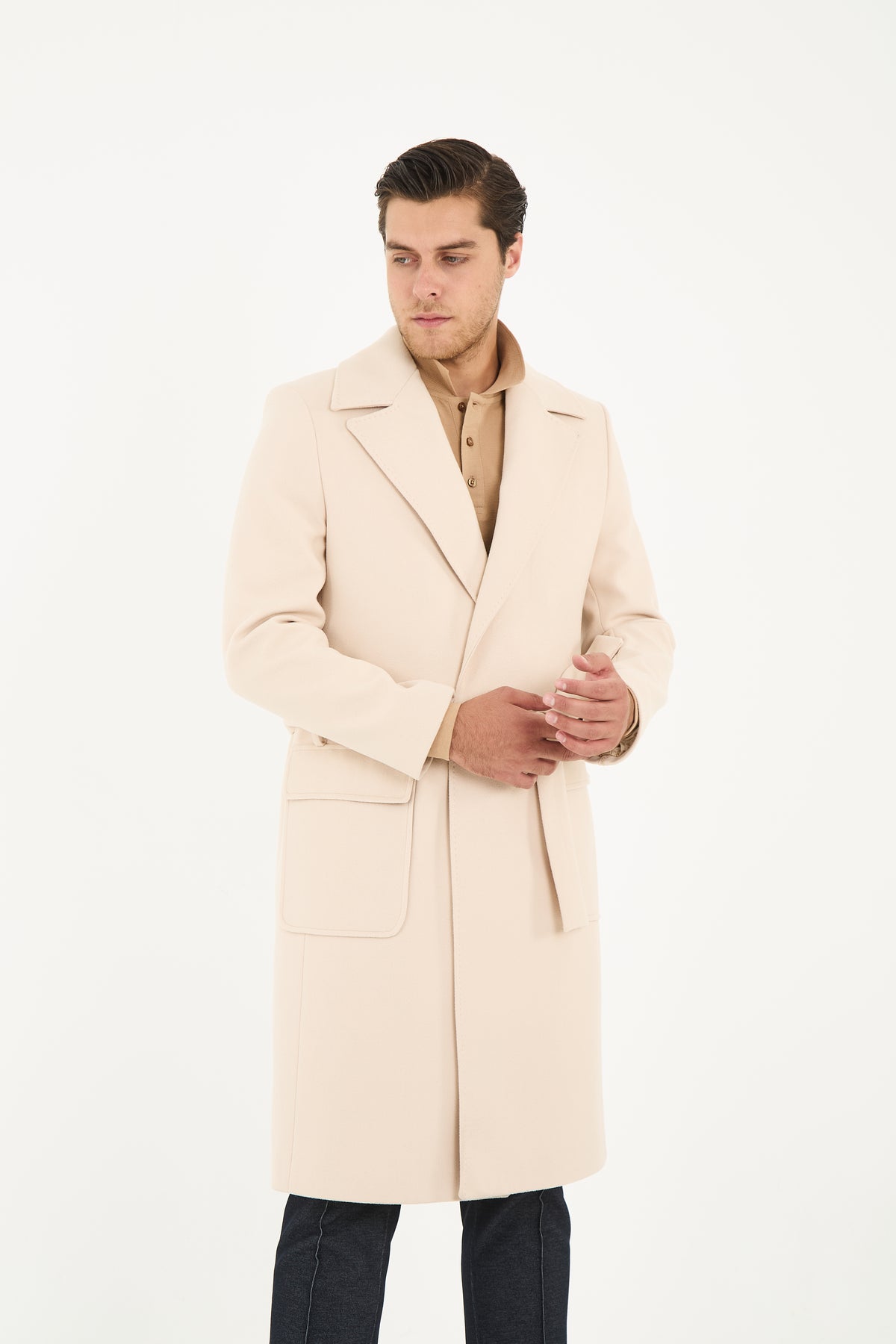 Tailored Beige Belted Overcoat With Wide Notch Lapels & Flap Pockets